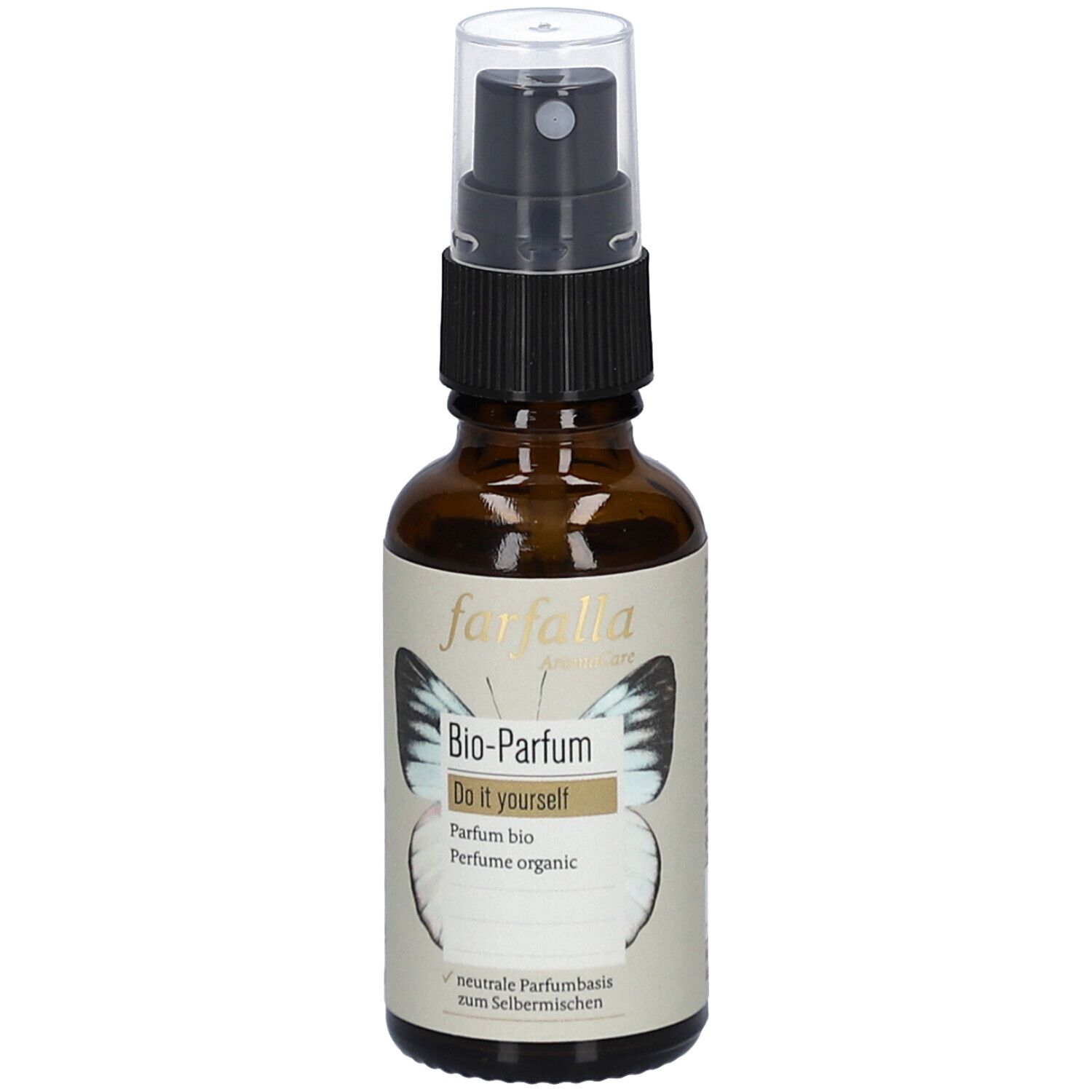 Flacon en verre brun avec vaporisateur. Étiquette avec logo et texte Bio-Parfum. Motif papillon.