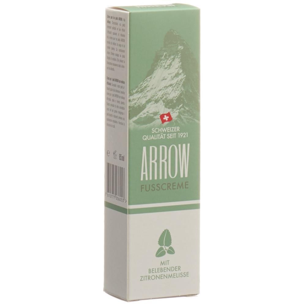 Emballage en carton. ARROW Crème pour les pieds à la mélisse citronnée. Qualité suisse depuis 1921. Montre le Cervin et le drapeau suisse.