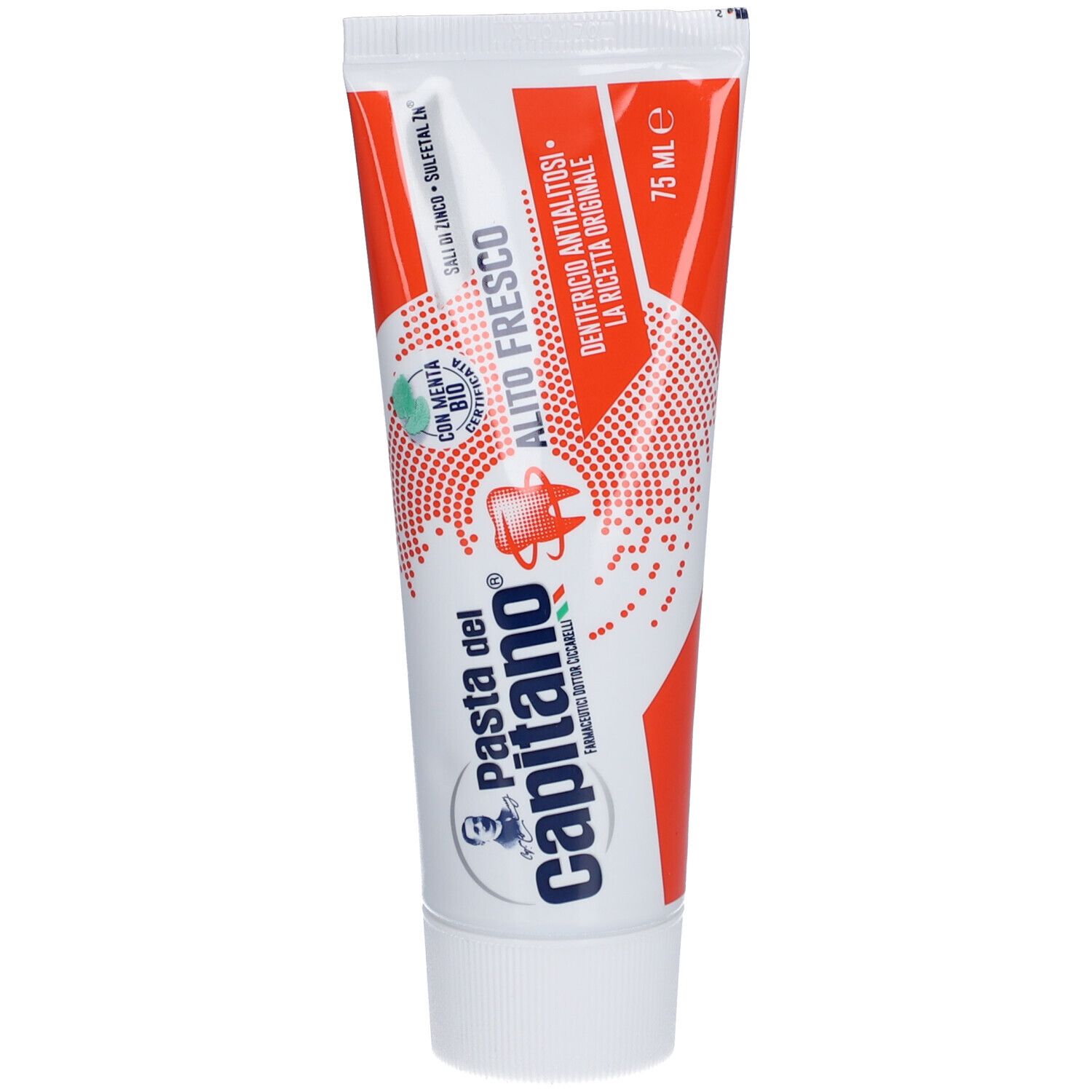 Tube de dentifrice rouge et blanc. Inscription: Pasta del Capitano, Alito Fresco, à la menthe bio. 75 ml.
