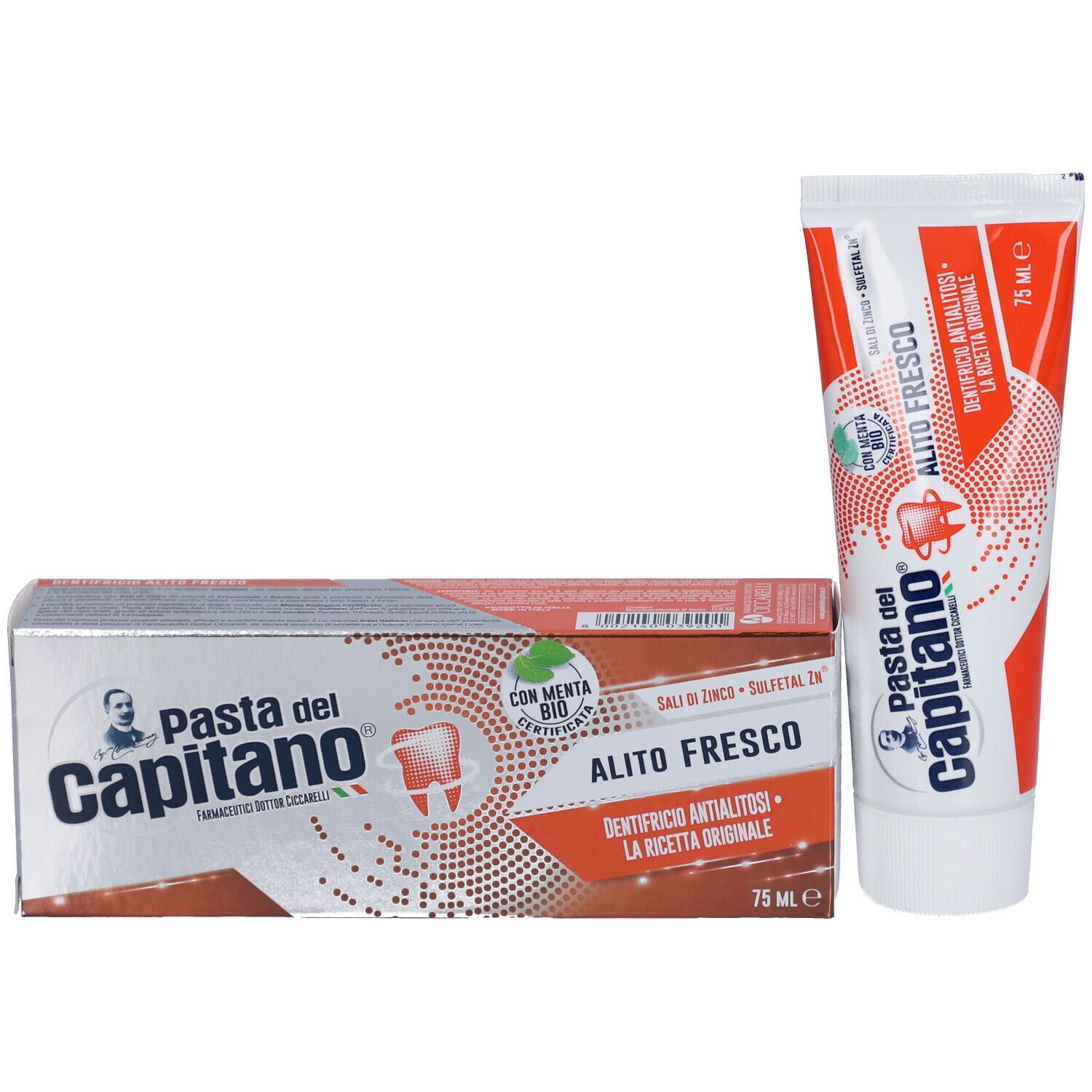 Tube et boîte de dentifrice. Inscription: Pasta del Capitano, Alito Fresco, à la menthe bio. Design rouge et blanc.