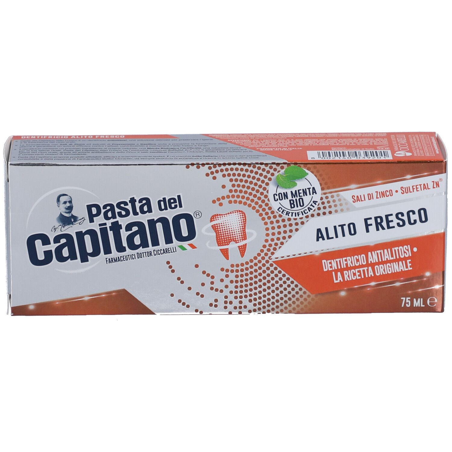 Boîte de dentifrice. Inscription: Pasta del Capitano, Alito Fresco, à la menthe bio. Design rouge et blanc. 75 ml.
