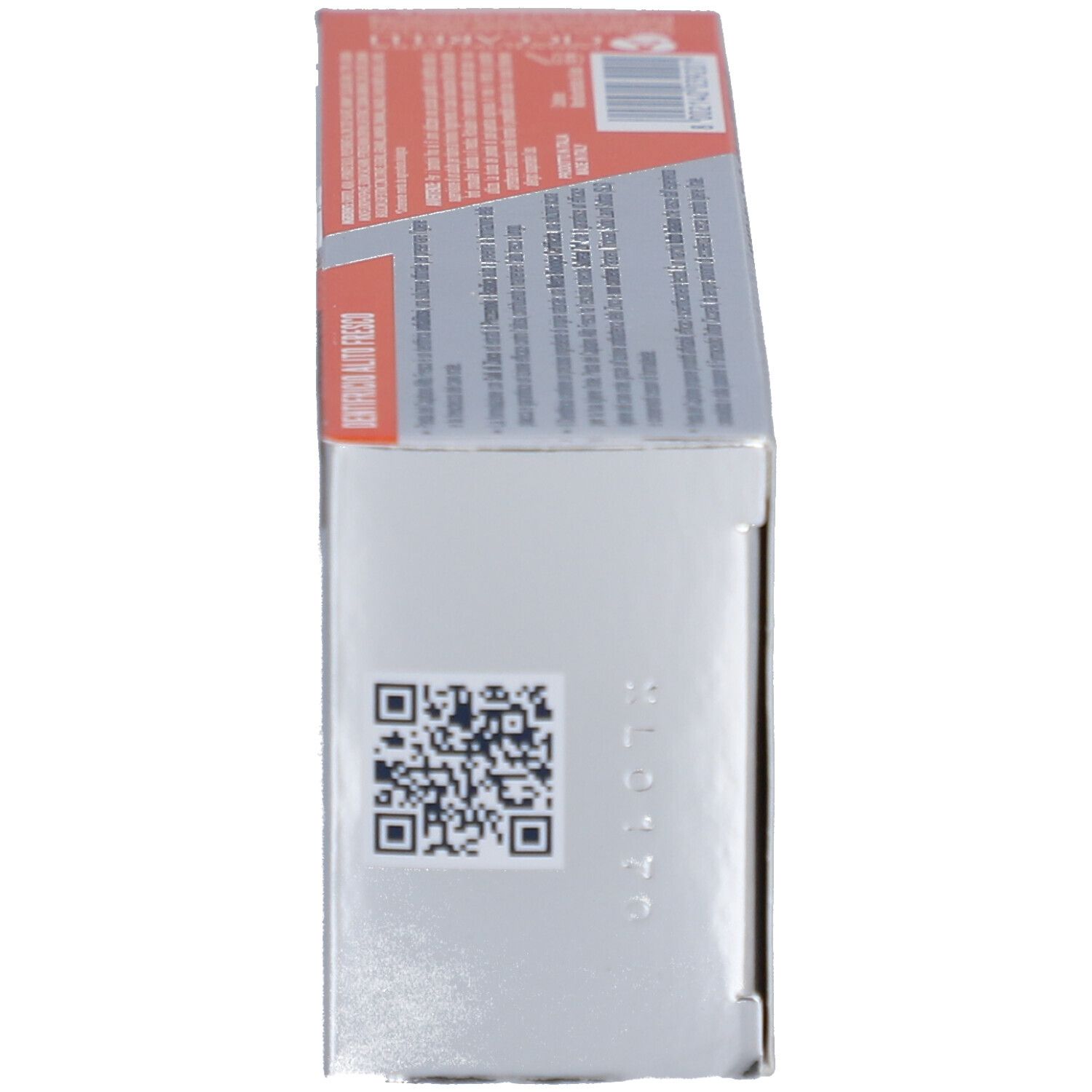 Boîte de dentifrice, vue latérale. Code QR et texte. Blanc avec design rouge et marron.