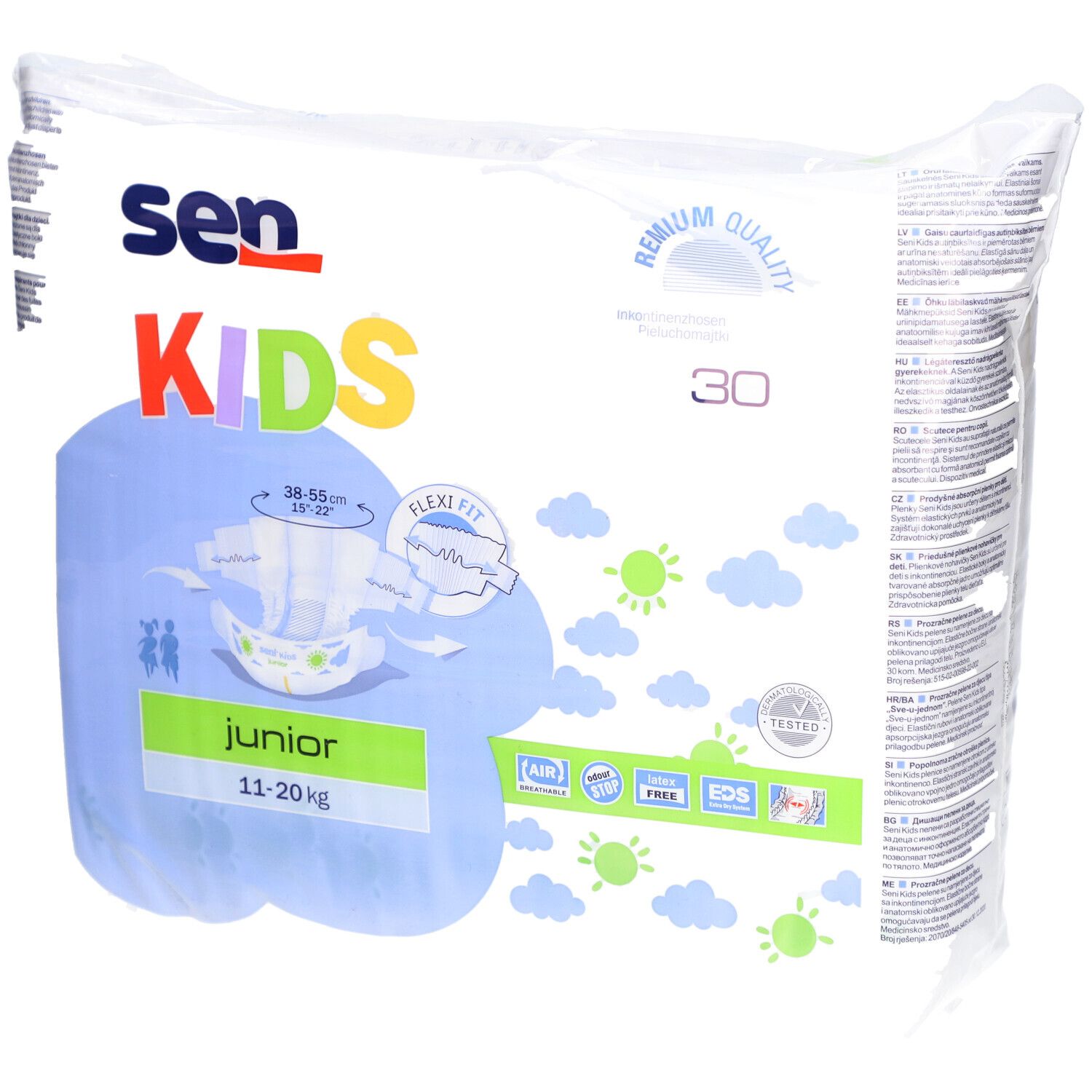 Paquet de couches SENI Kids Junior, 11-20 kg. 30 unités. Impression avec illustration du produit et indications de taille.