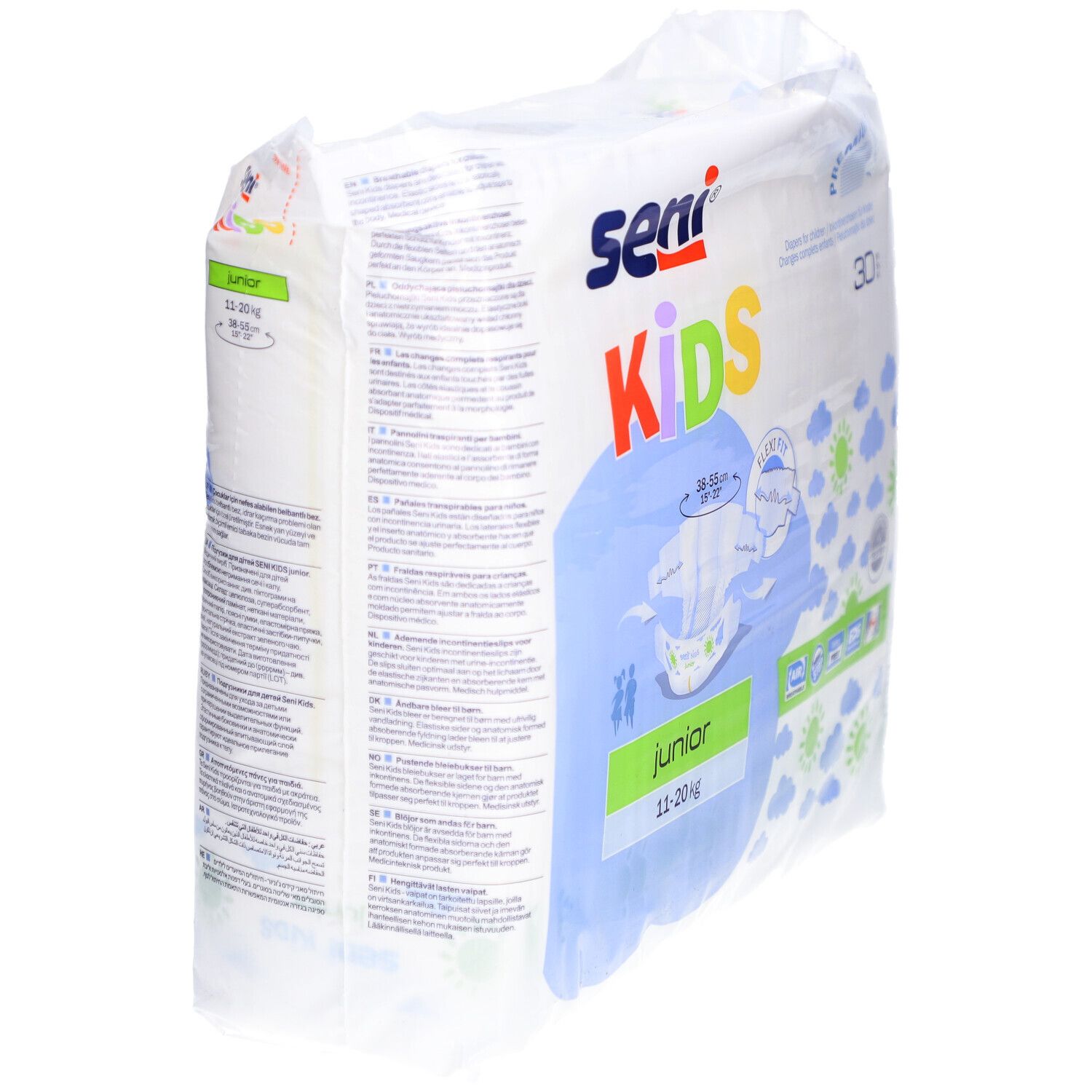 Paquet de couches SENI Kids Junior, 11-20 kg. Vue latérale. Illustration du produit et indications de taille sur l'emballage.