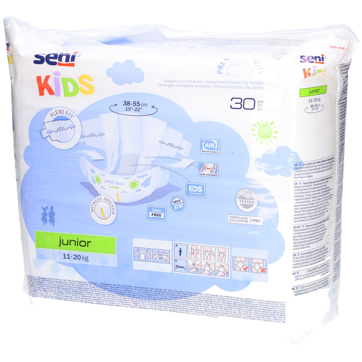 Paquet de couches SENI Kids Junior, 11-20 kg. 30 unités. Illustration du produit et indications de taille sur l'emballage.