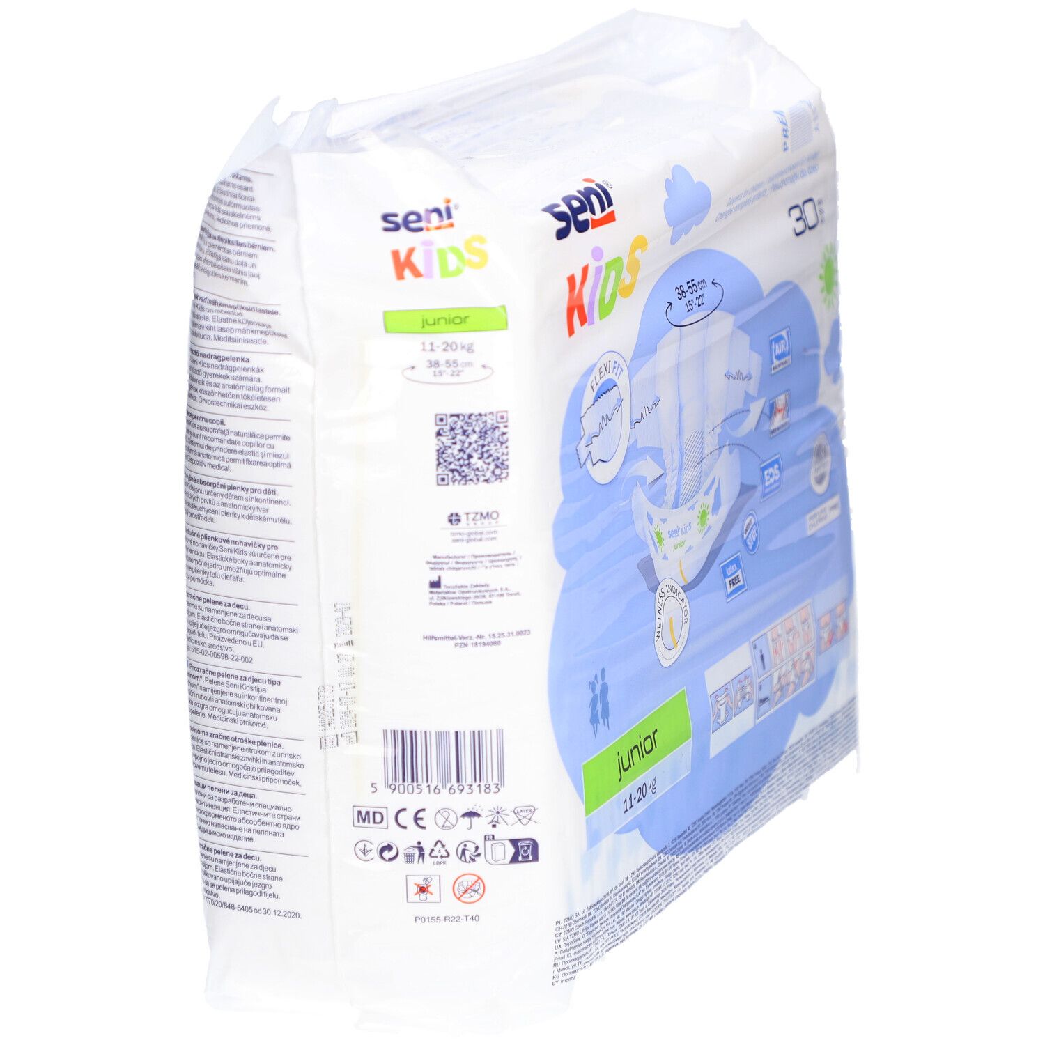 Paquet de couches SENI Kids Junior, 11-20 kg. Vue latérale. Illustration du produit et indications de taille sur l'emballage.