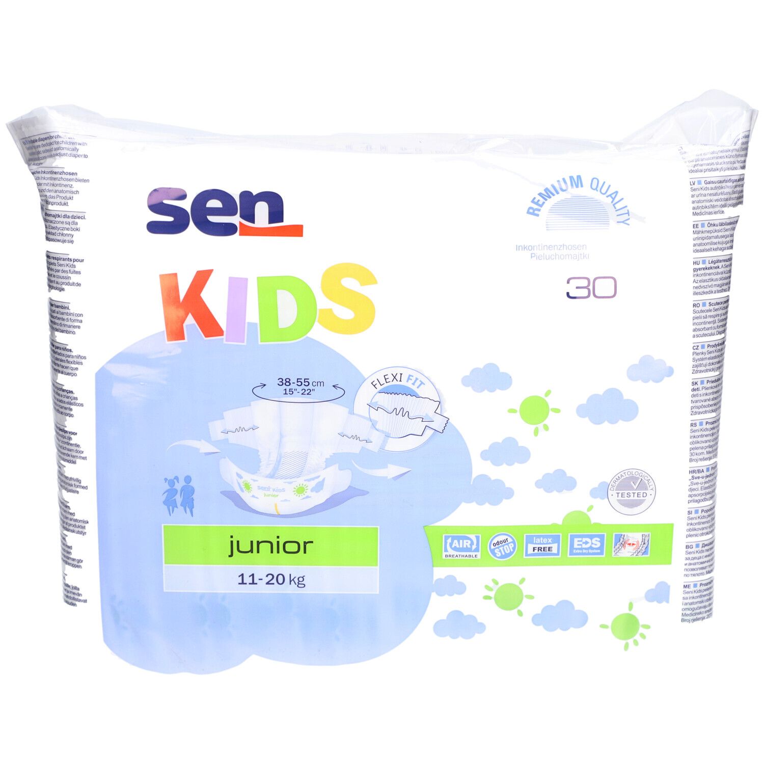 Paquet de couches SENI Kids Junior, 11-20 kg. 30 unités. Impression avec illustration du produit et indications de taille.