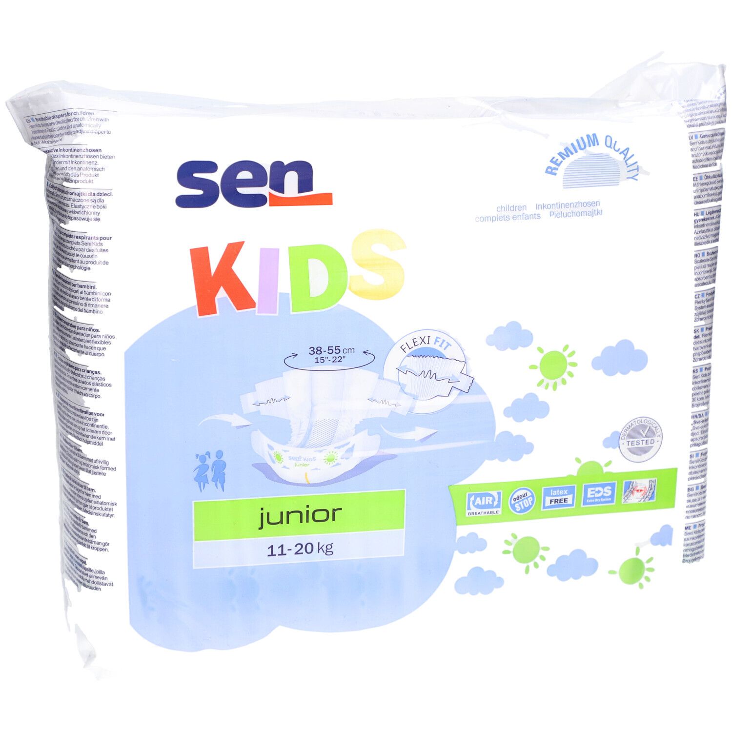 Paquet de couches SENI Kids Junior, 11-20 kg. 30 unités. Impression avec illustration du produit et indications de taille.