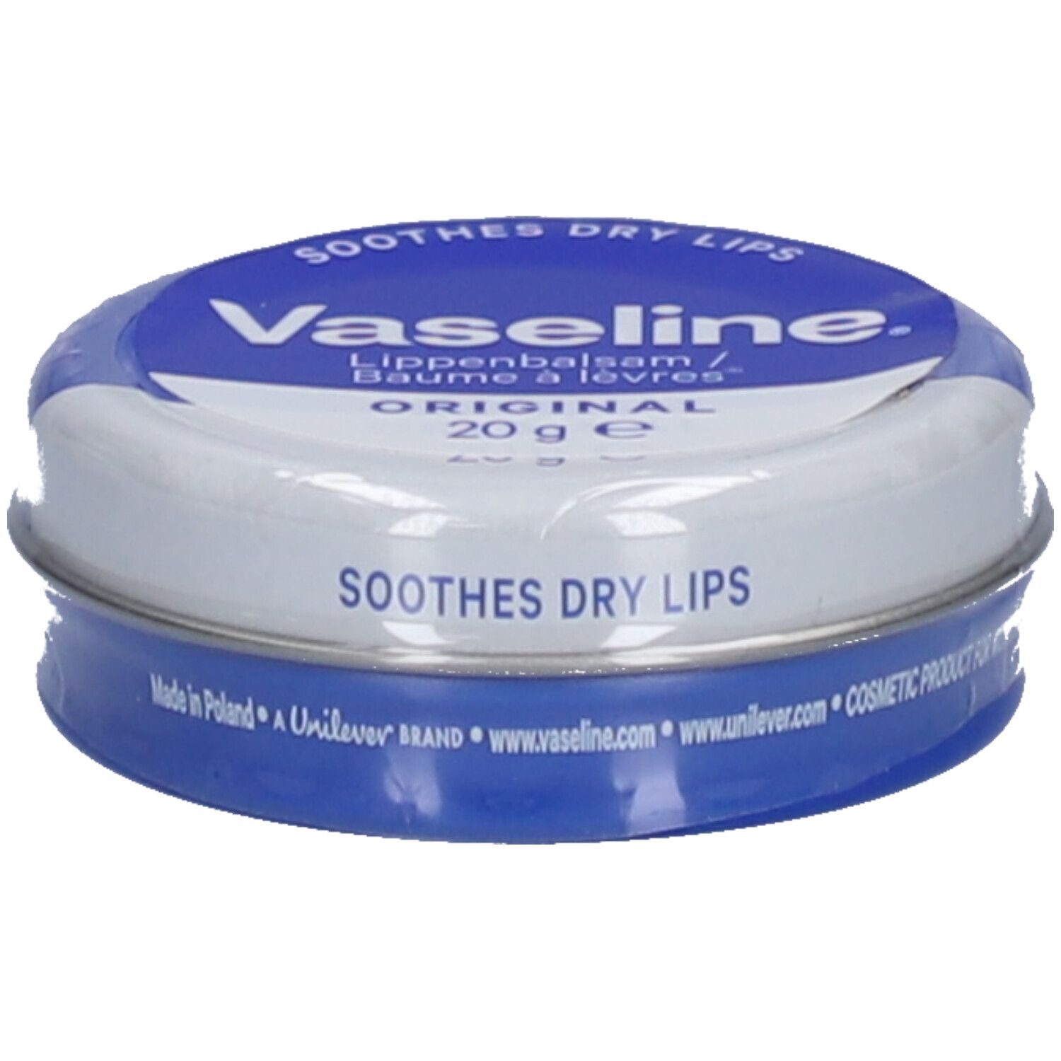 Boîte ronde Vaseline® Original. Emballage bleu et blanc. Inscription : 'SOOTHES DRY LIPS'. Contient 20g.