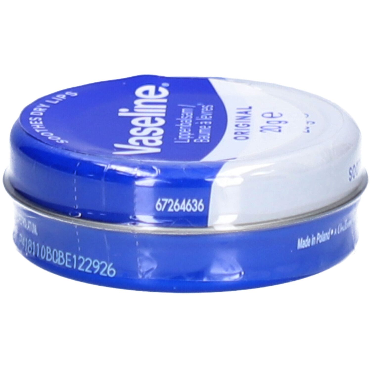 Boîte ronde Vaseline® Original. Emballage bleu et blanc. Inscription : 'SOOTHES DRY LIPS'. Contient 20g. Avec code.