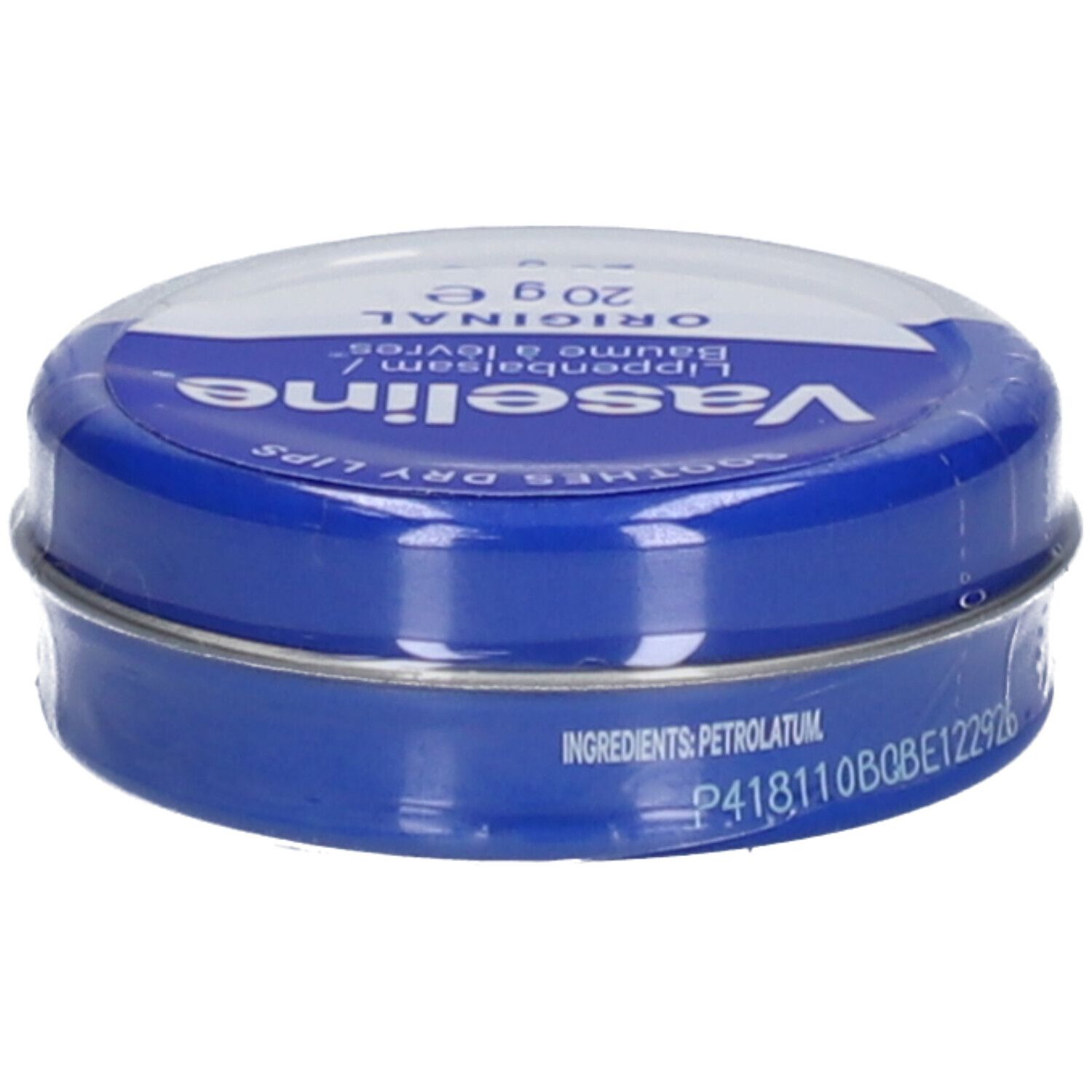 Boîte ronde Vaseline® Original. Emballage bleu et blanc. Inscription : 'SOOTHES DRY LIPS'. Contient 20g. Avec ingrédients.