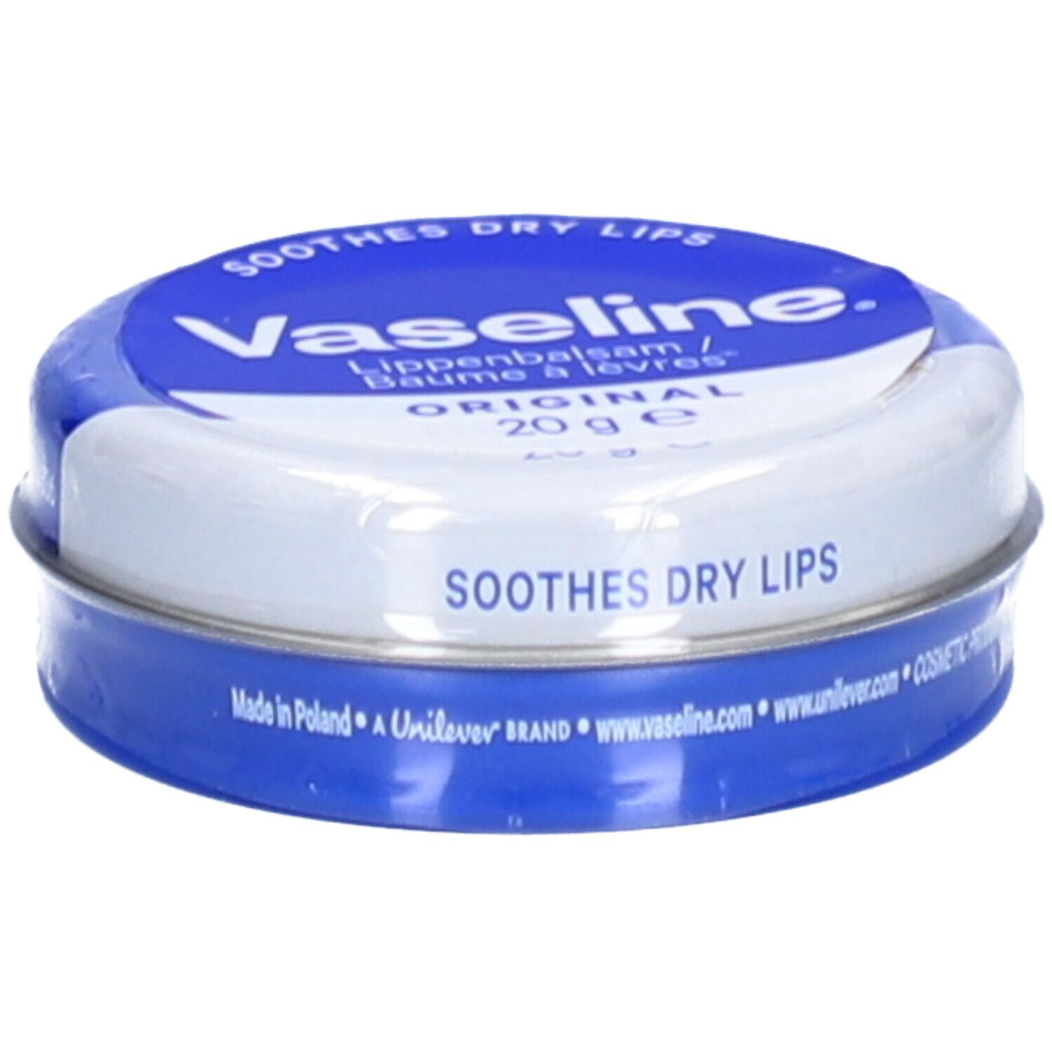 Boîte ronde Vaseline® Original. Emballage bleu et blanc. Inscription : 'SOOTHES DRY LIPS'. Contient 20g.
