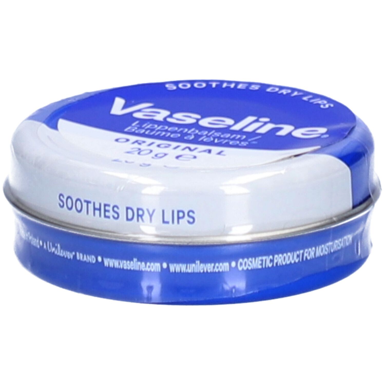 Boîte ronde Vaseline® Original. Emballage bleu et blanc. Inscription : 'SOOTHES DRY LIPS'. Contient 20g.