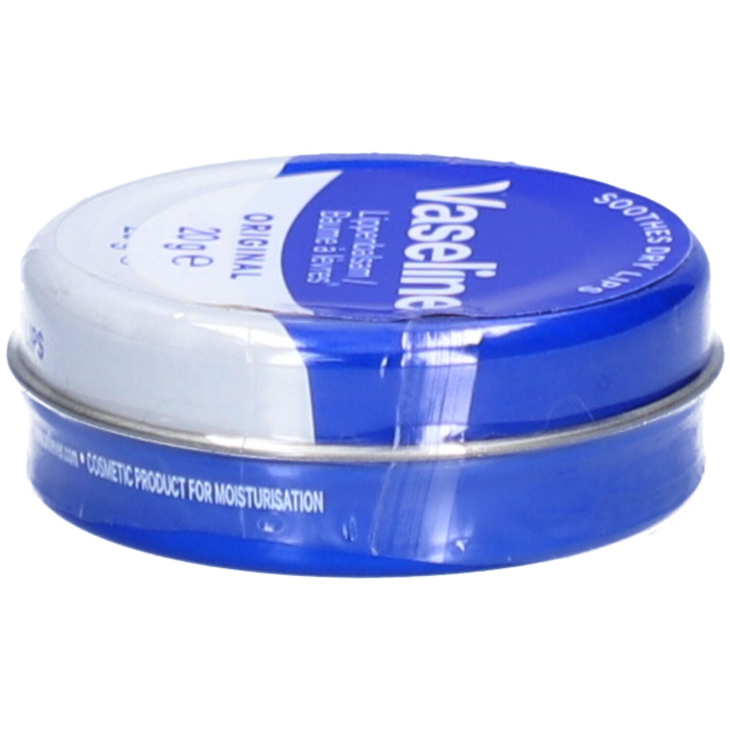 Boîte ronde Vaseline® Original. Emballage bleu et blanc. Inscription : 'SOOTHES DRY LIPS'. Contient 20g.