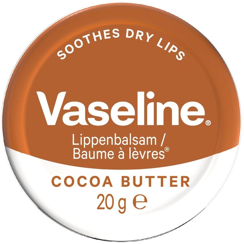 Pot rond avec couvercle marron. Inscription: Vaseline, Baume à lèvres, Cocoa Butter, 20 g. Texte: Soothes Dry Lips.