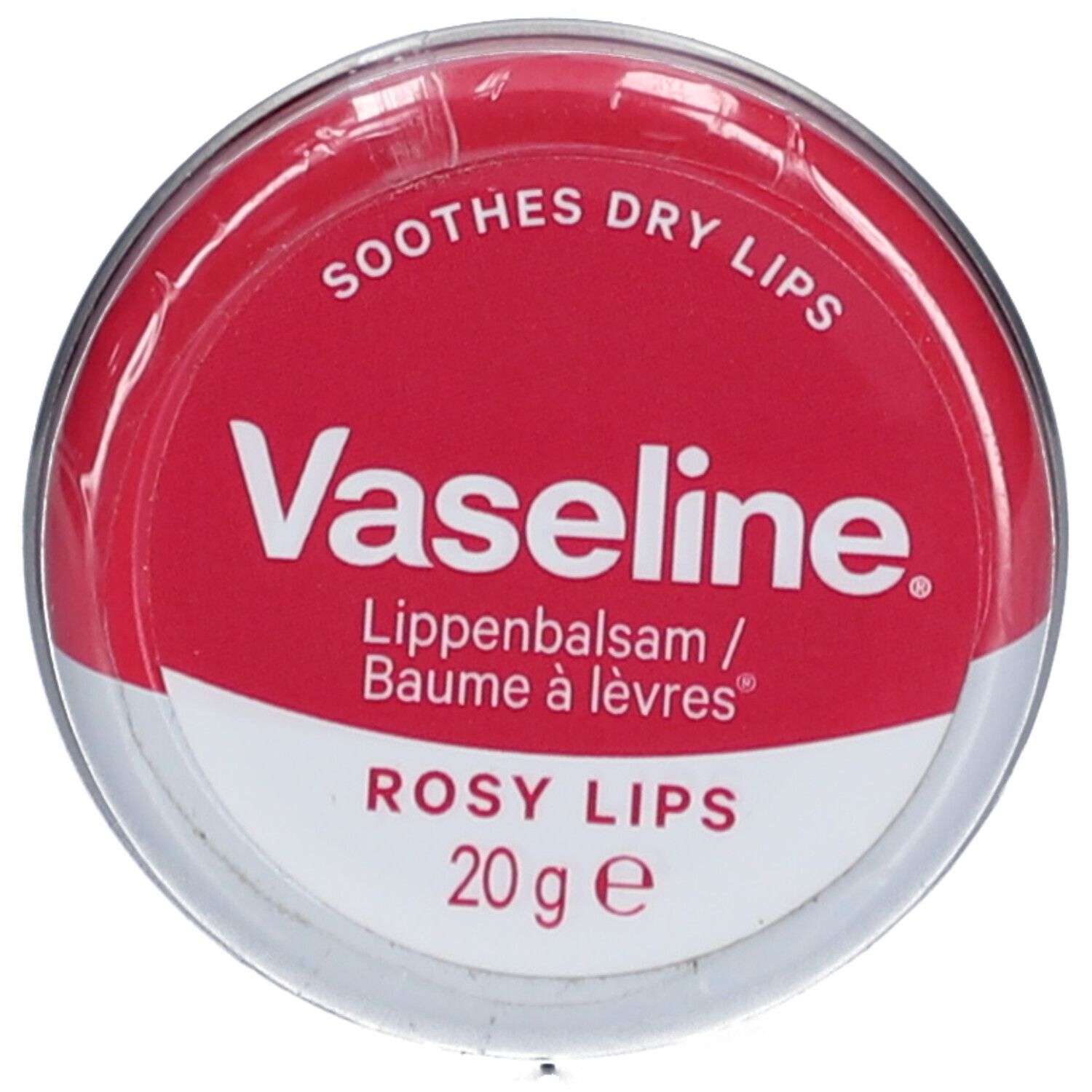 Pot rond rouge. Inscription: Vaseline, Baume à lèvres, Rosy Lips, 20g.