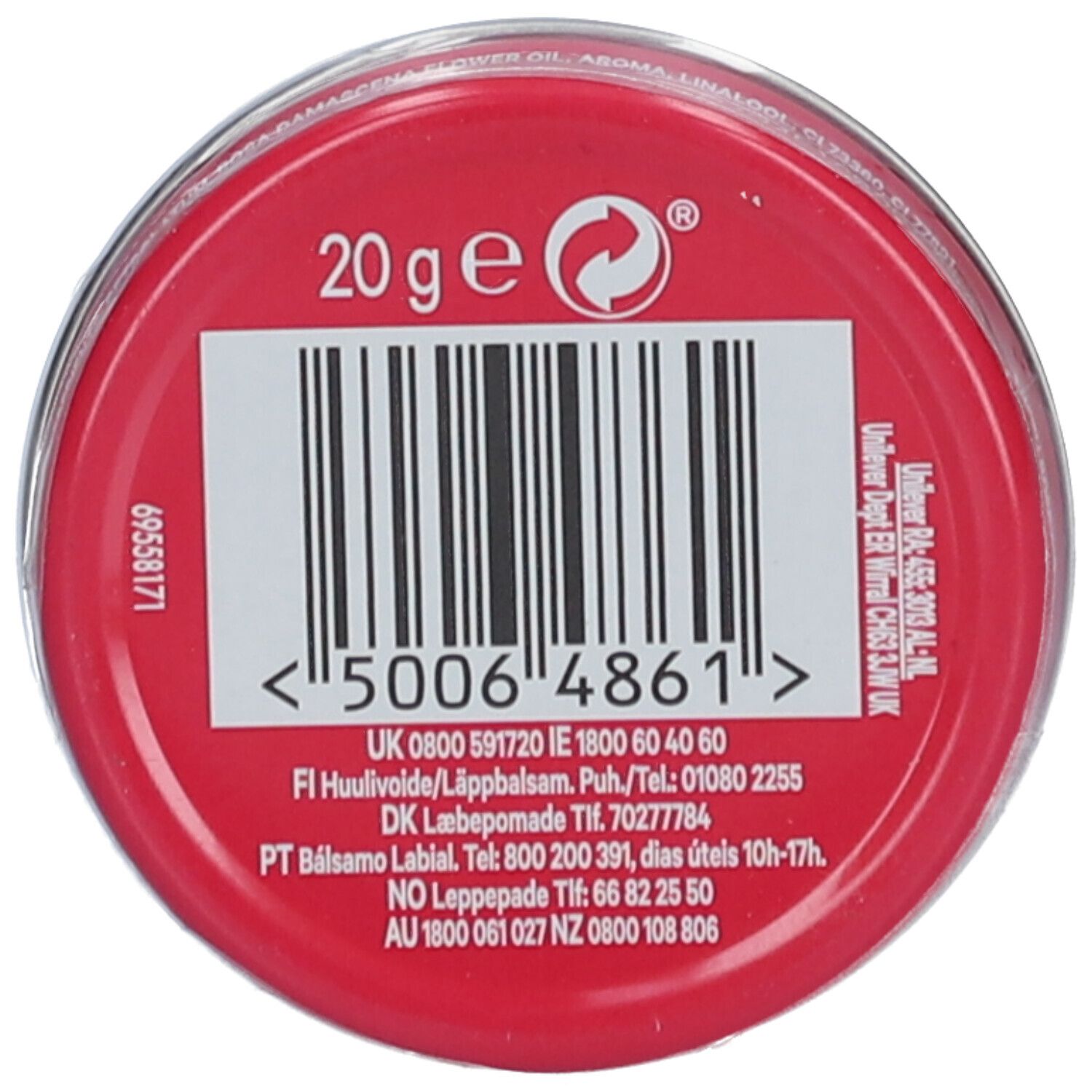 Couvercle rouge avec code-barres et texte. Inscription: 20g.