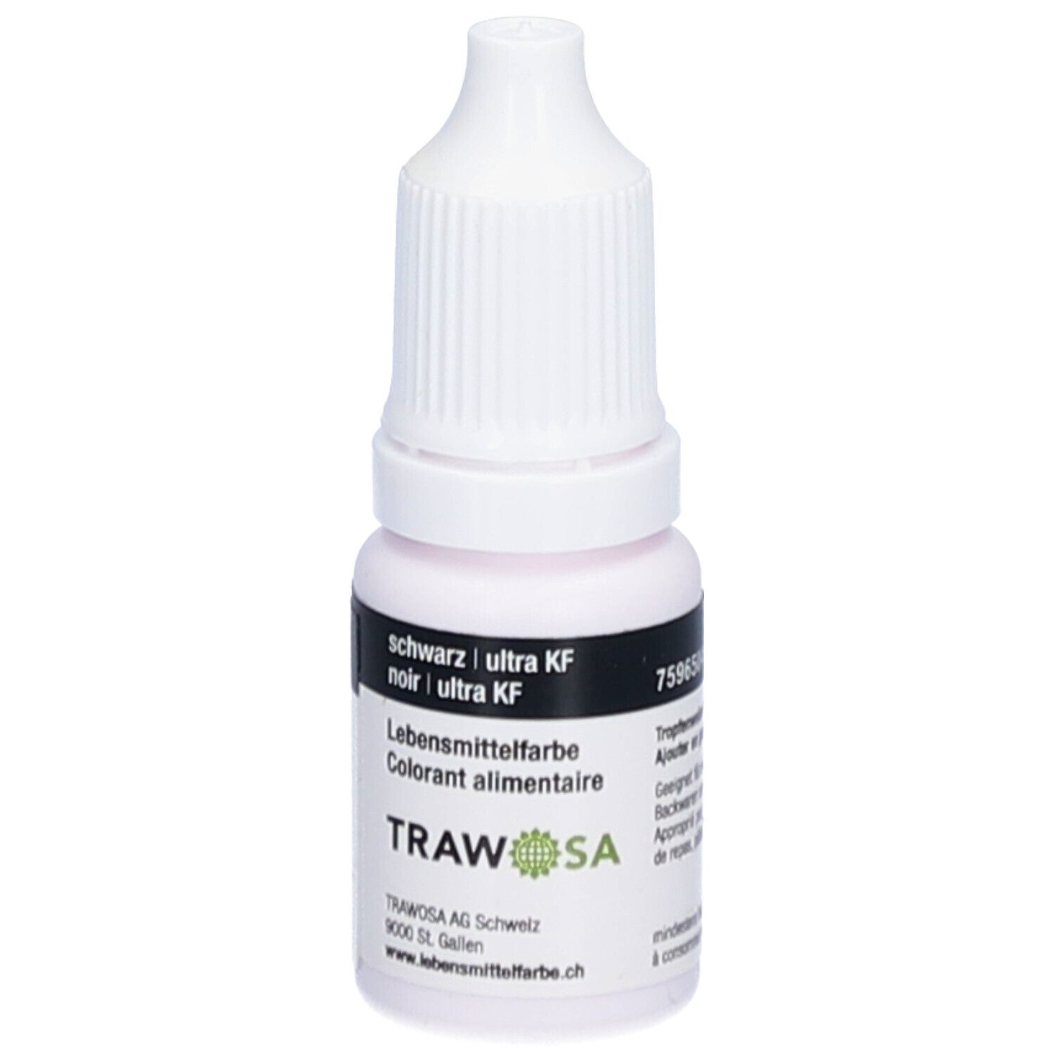 Petite bouteille avec bouchon blanc. Inscription: noir | ultra KF, colorant alimentaire, TRAWOSA. Flacon compte-gouttes. Étiquette avec numéro.