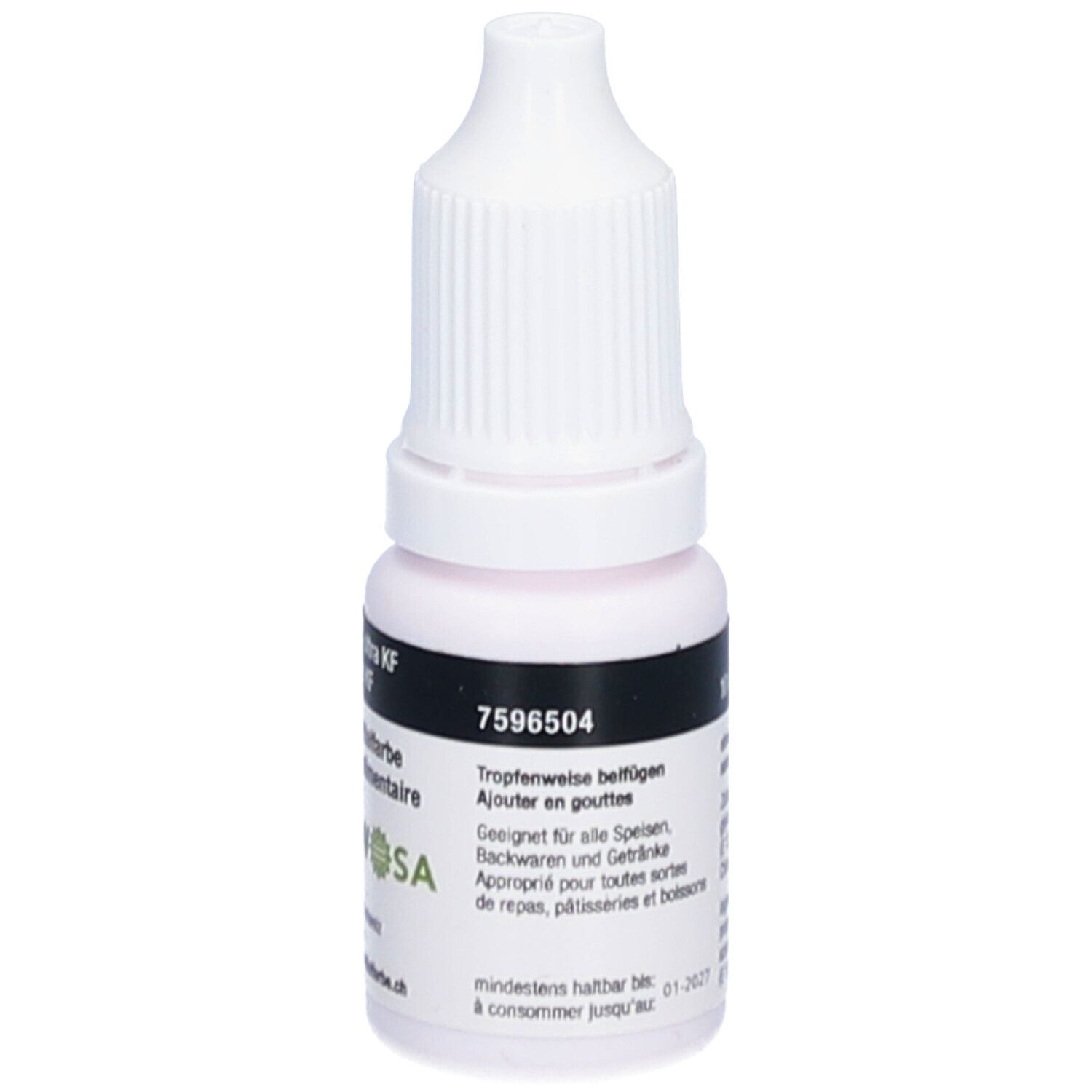 Petite bouteille avec bouchon blanc. Inscription: 7596504. Convient aux aliments, pâtisseries et boissons. À consommer de préférence avant 01.2027.