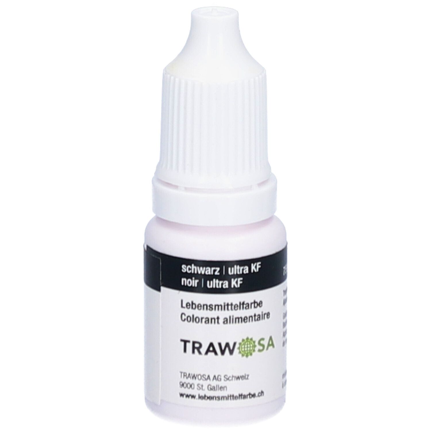 Petite bouteille avec bouchon blanc. Inscription: noir | ultra KF, colorant alimentaire, TRAWOSA. Flacon compte-gouttes.