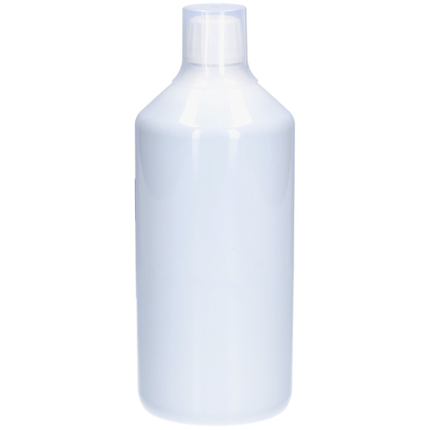 Flacon blanc cylindrique avec bouchon blanc. Aucune inscription visible.