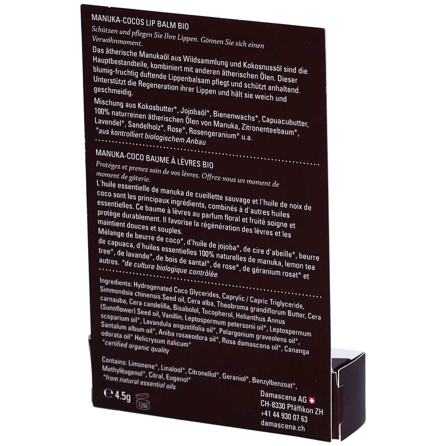 Dos de l'emballage du produit. Texte: ingrédients, informations. Marque: DAMASCENA. Certification: Bio.