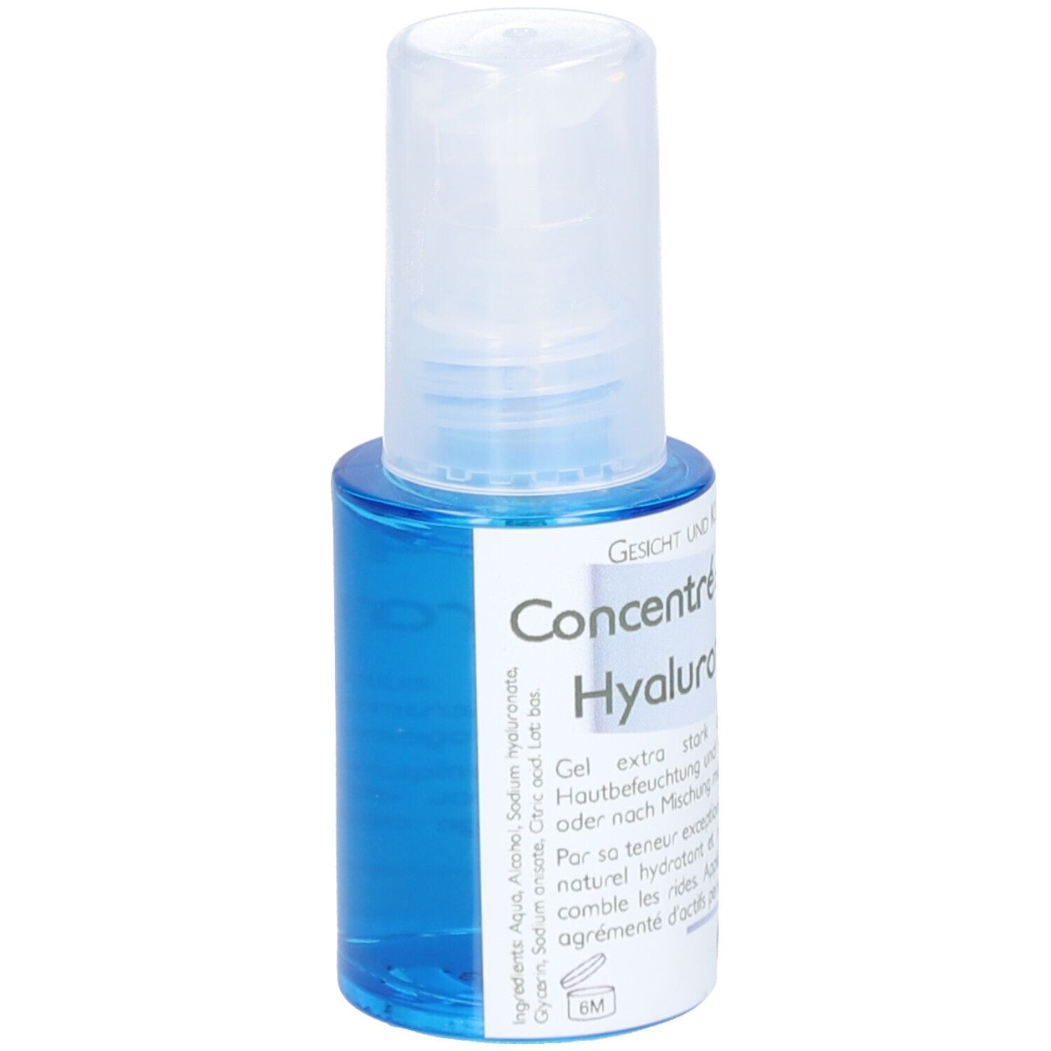Bouteille bleue avec bouchon blanc. Inscription : Visage & Corps, Concentré Hyaluron. Ingrédients. Marque : Thiemard.