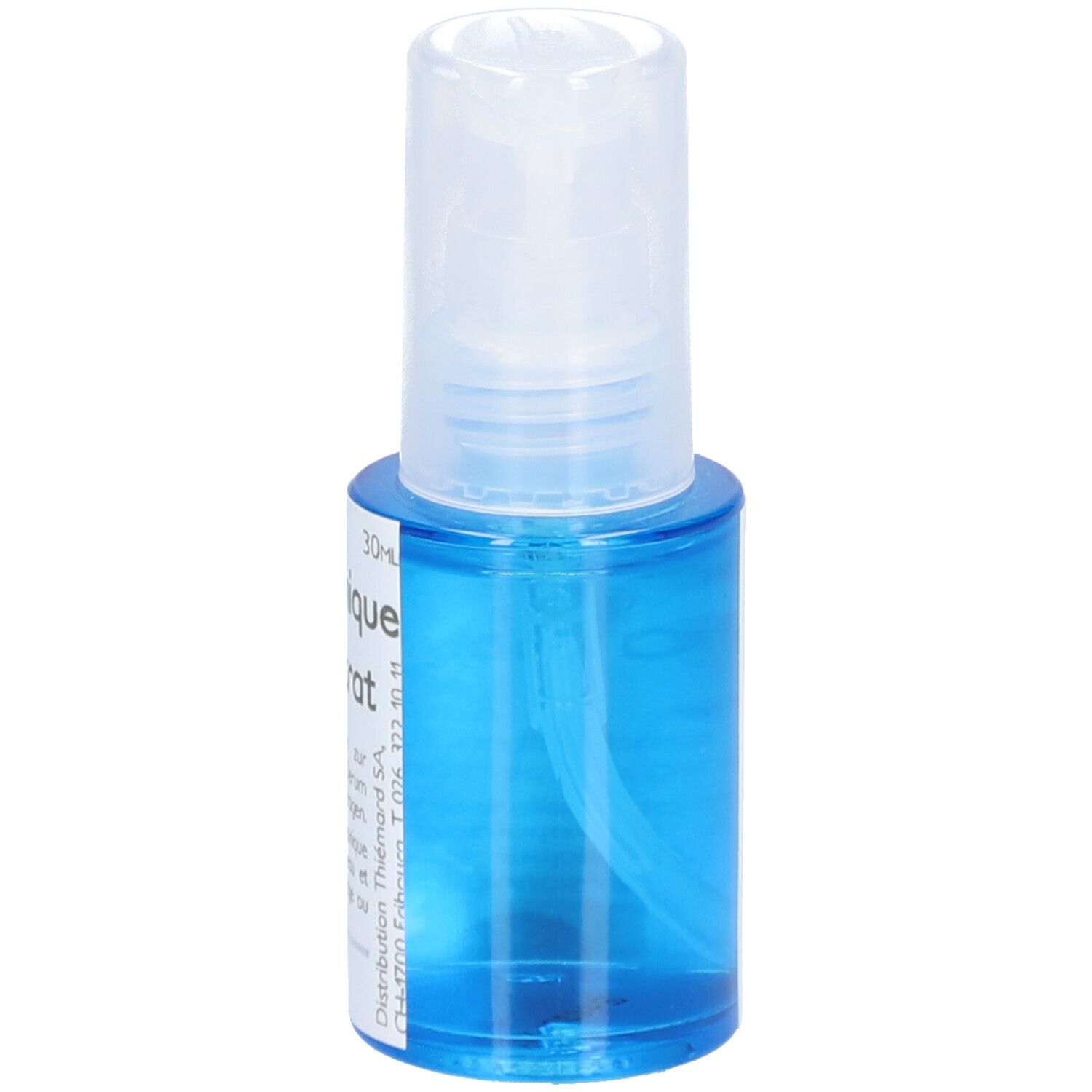 Petite bouteille bleue avec vaporisateur blanc. Inscription : 30 ml. Marque : Thiemard.