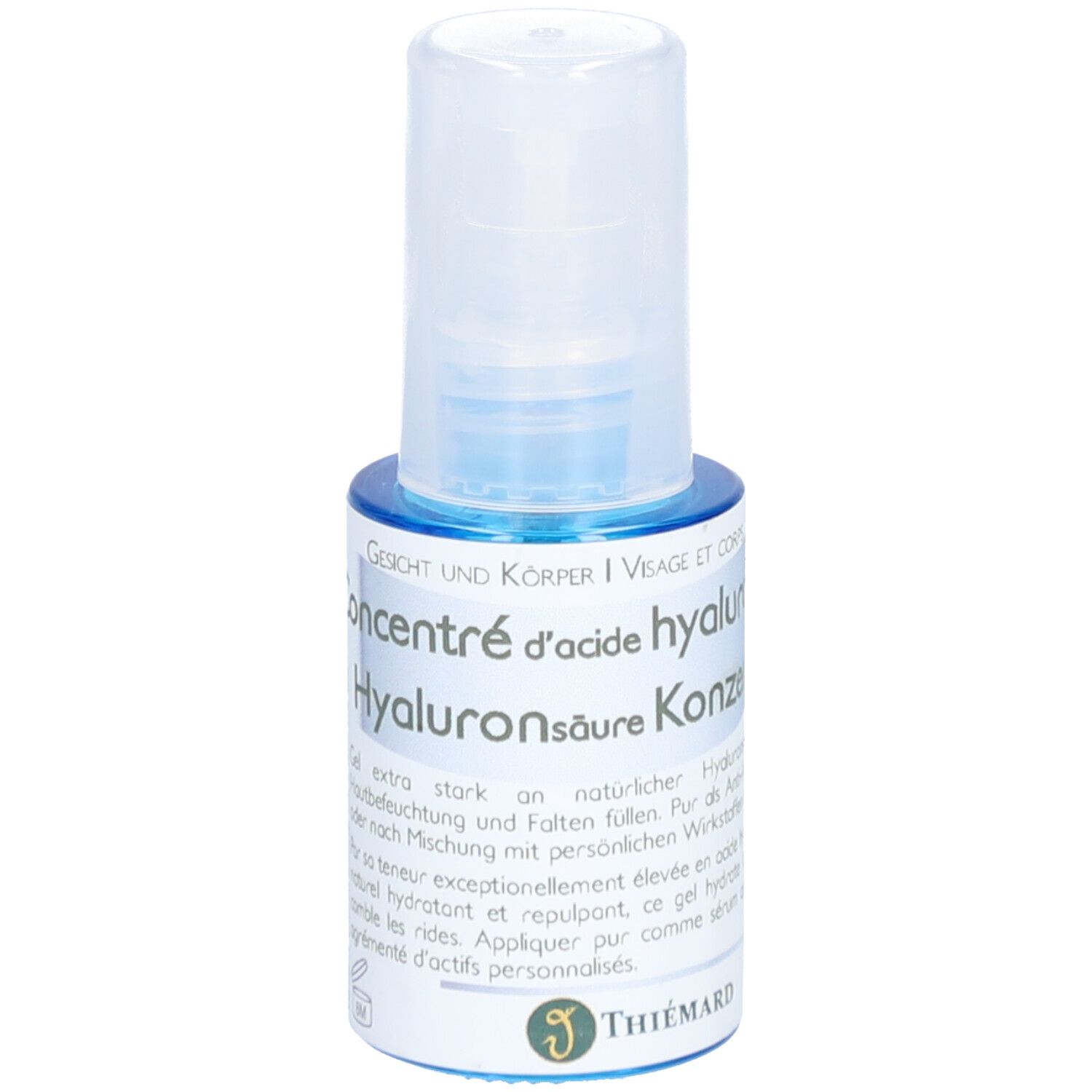 Petite bouteille bleue avec bouchon blanc. Inscription : Visage & Corps, Concentré d'acide hyaluronique. Marque : Thiemard.