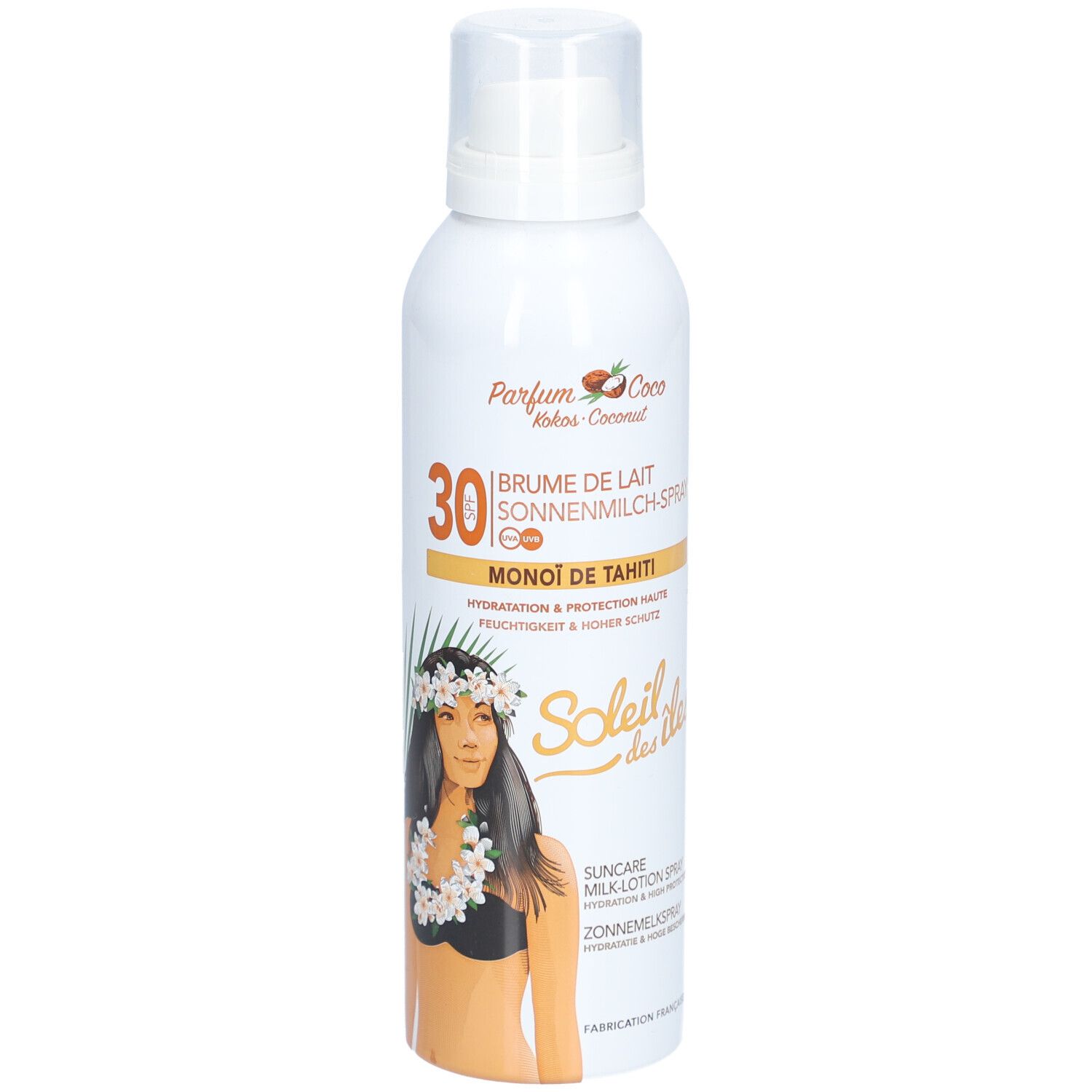 Flacon spray blanc avec lait solaire SPF 30, parfum Monoi de Tahiti.
