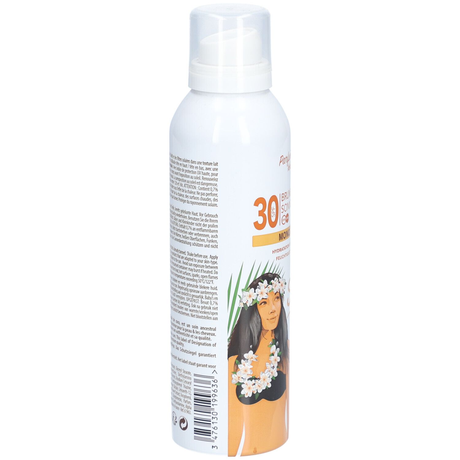 Arrière d'un flacon spray blanc avec lait solaire SPF 30, avec instructions.