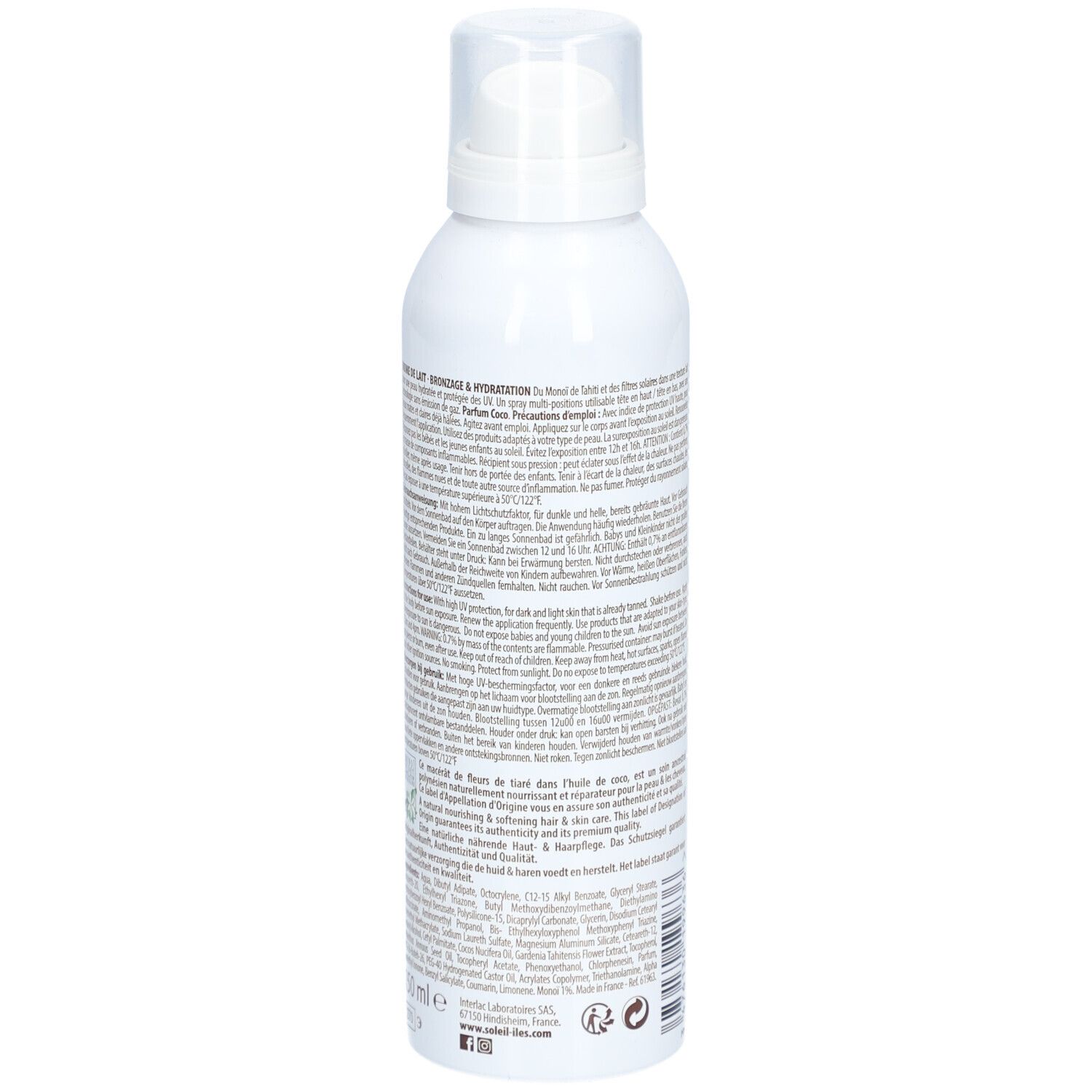 Vue latérale d'un flacon spray blanc avec lait solaire SPF 30, avec informations détaillées.