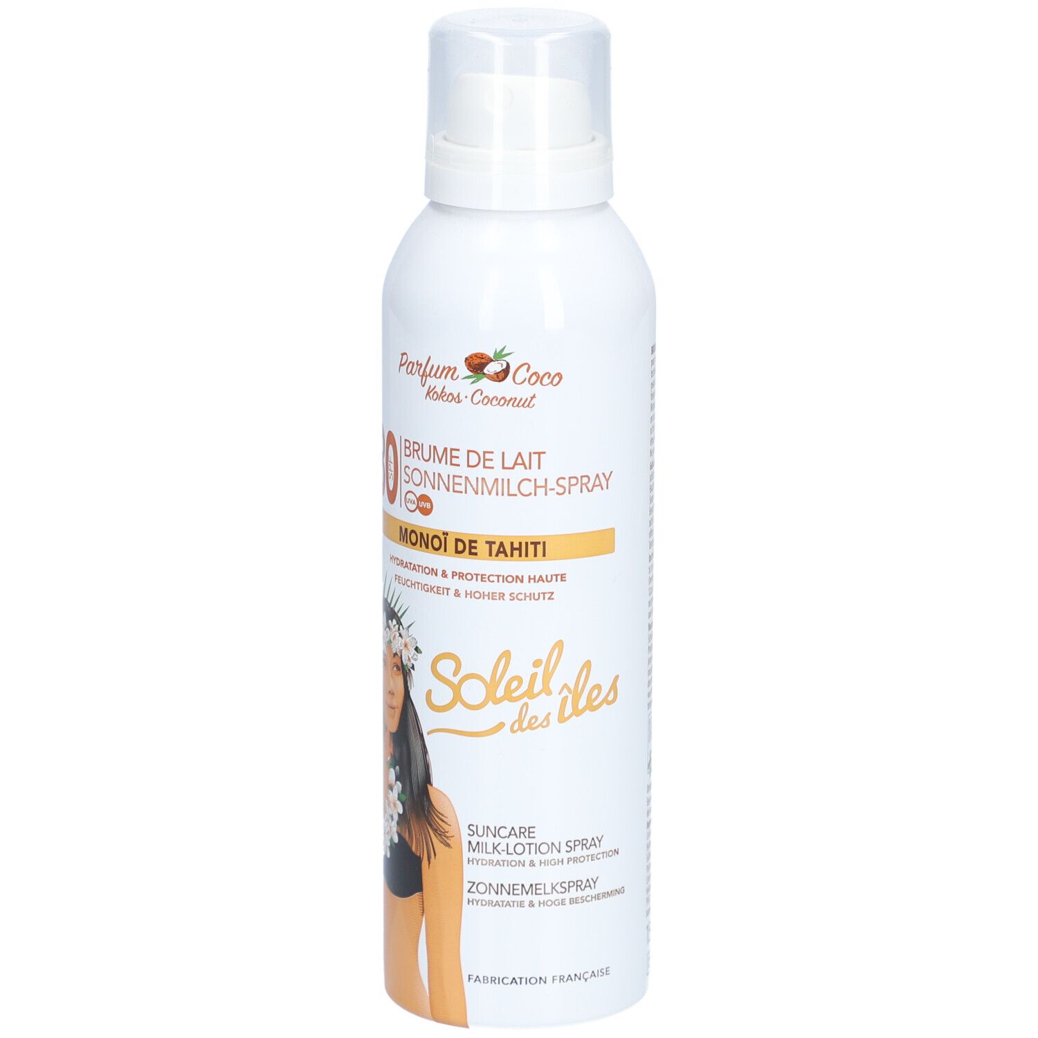 Flacon spray blanc avec lait solaire SPF 30, parfum Monoi de Tahiti, face avant.
