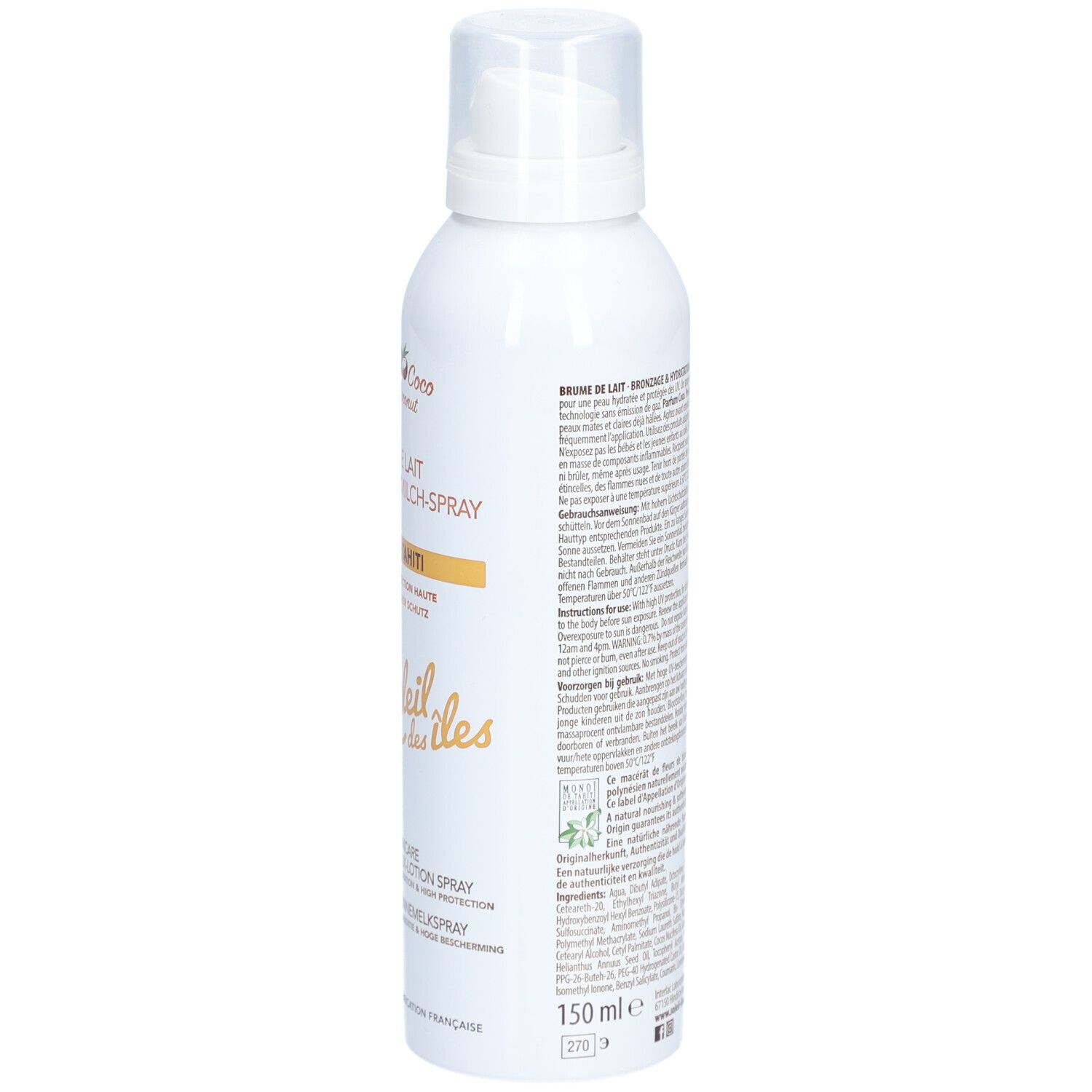 Vue latérale d'un flacon spray blanc avec lait solaire SPF 30, avec indication de volume 150 ml.