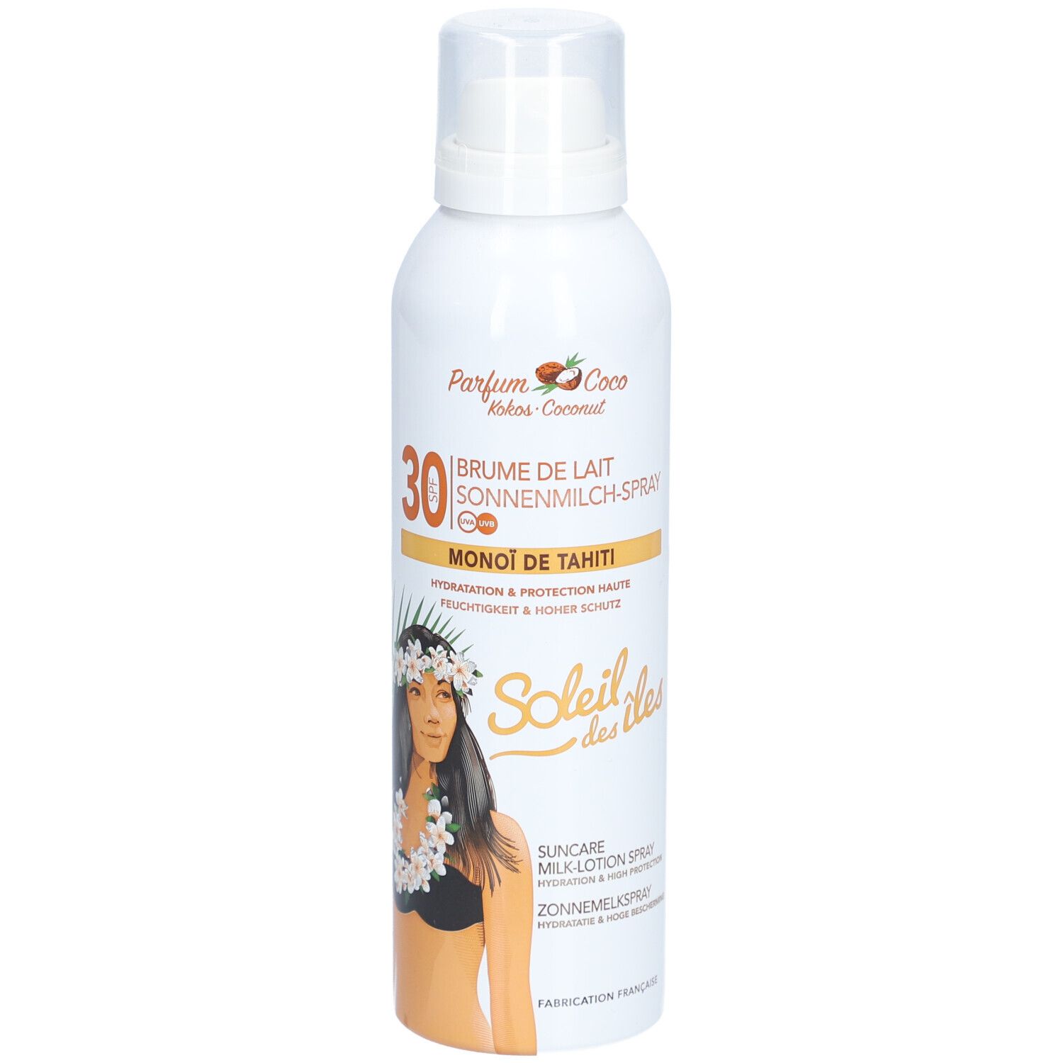 Flacon spray blanc avec lait solaire SPF 30, parfum Monoi de Tahiti, avec illustration de femme.