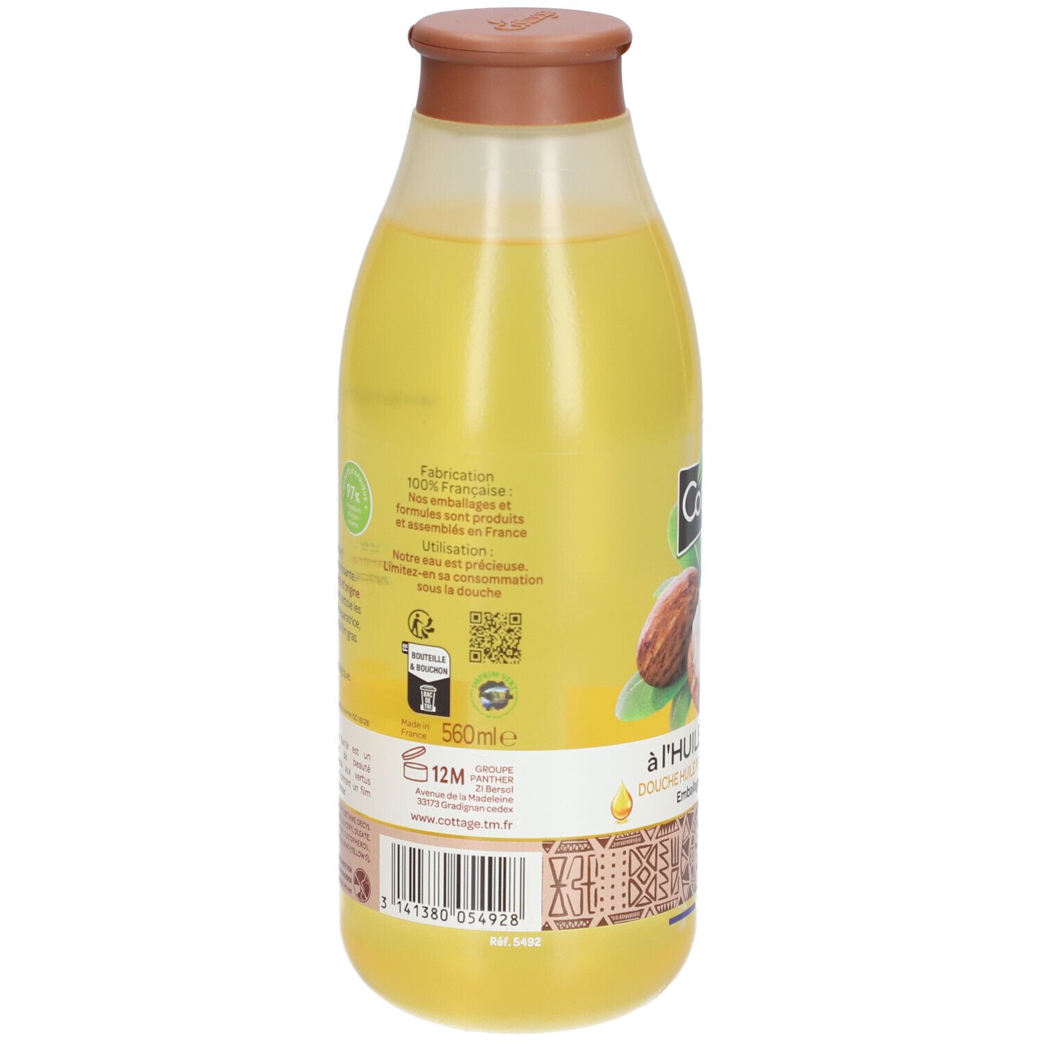 Bouteille jaune avec bouchon marron, 560ml, mention huile d'amande.