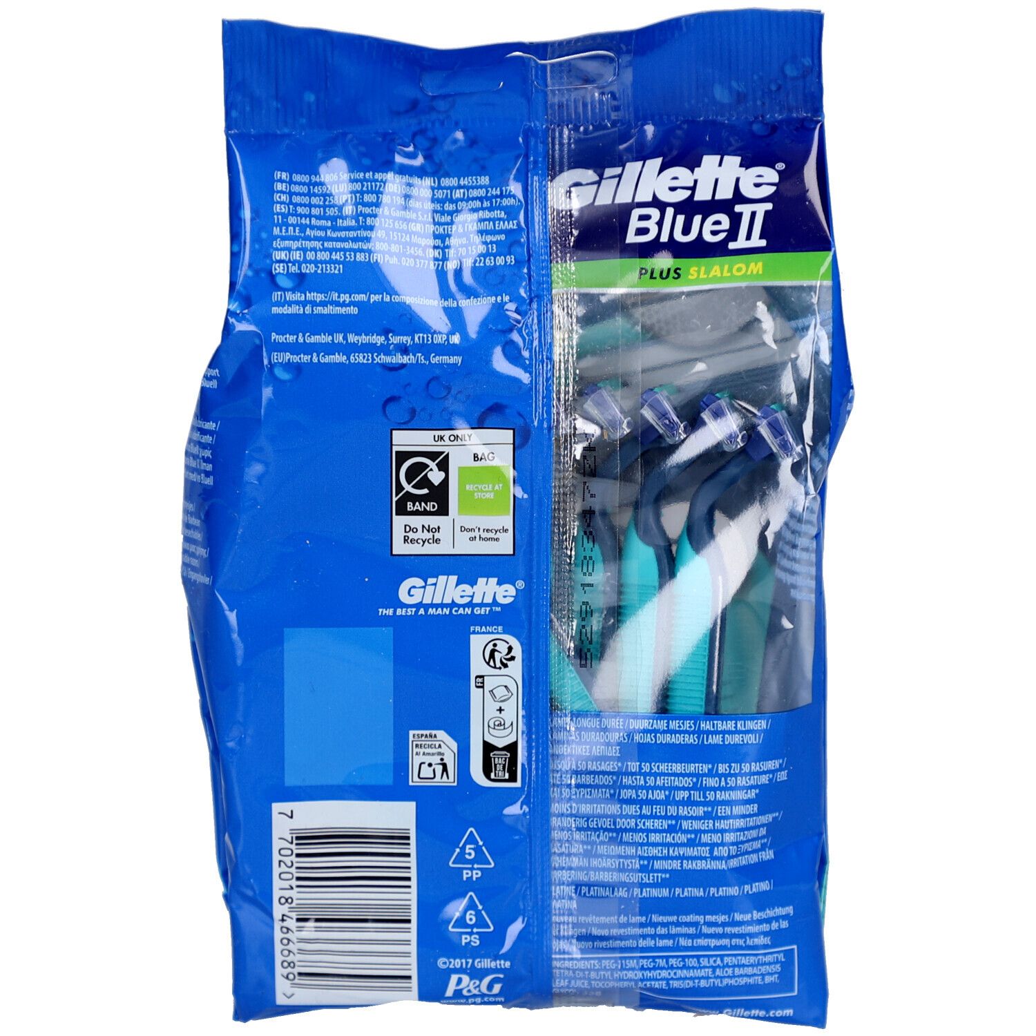 Dos du paquet de rasoirs Gillette Blue II Plus Slalom. Emballage bleu avec texte et rasoirs visibles.