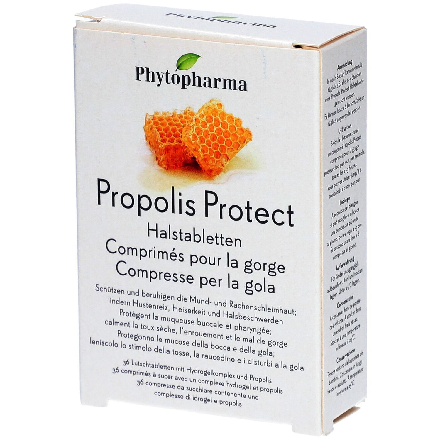 Boîte de Phytopharma Propolis Protect Halstabletten. Illustration de rayons de miel. Texte en allemand, français, italien.