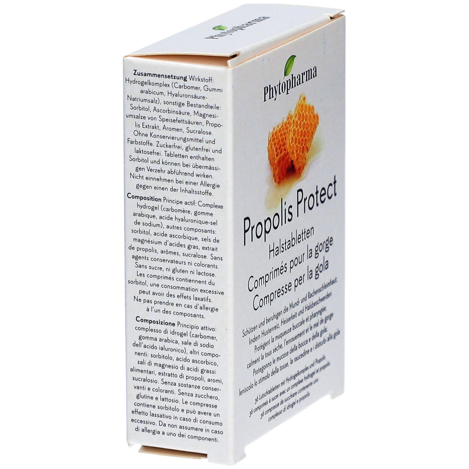 Boîte de Phytopharma Propolis Protect Halstabletten. Liste des ingrédients et texte en allemand, français, italien.
