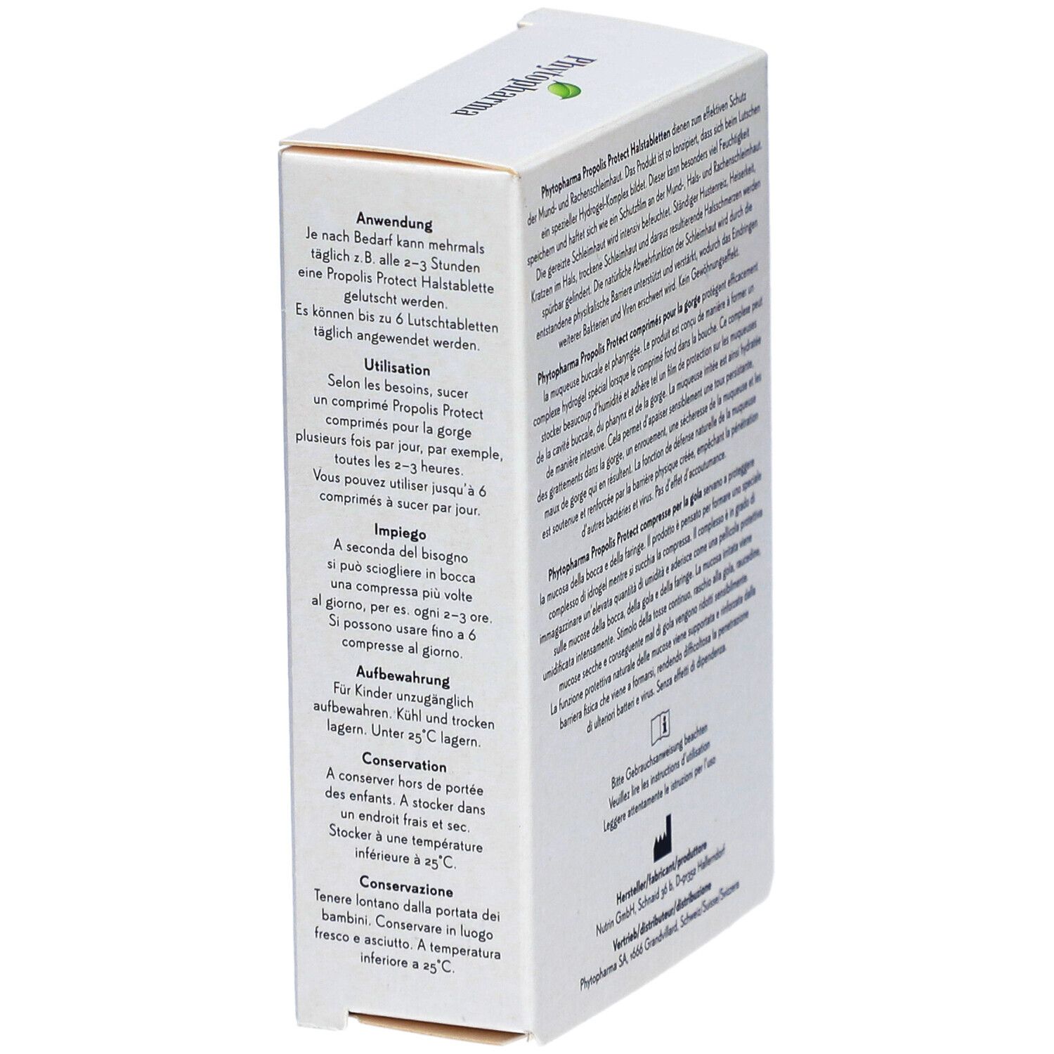 Emballage de Phytopharma Propolis Protect Halstabletten. Mode d'emploi et conseils de conservation. Texte en allemand.