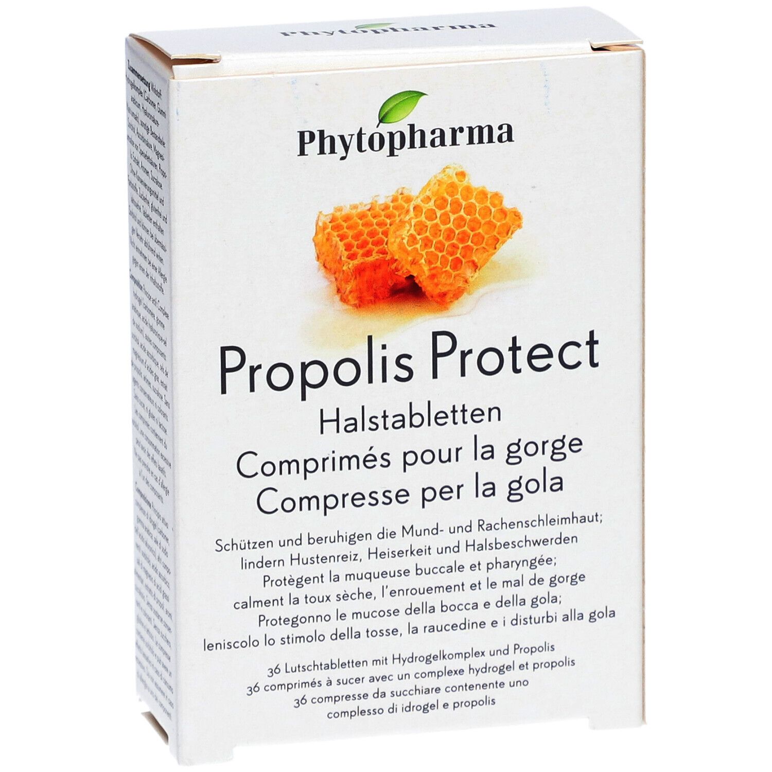Boîte de Phytopharma Propolis Protect Halstabletten. Illustration de rayons de miel. Texte en allemand, français, italien.