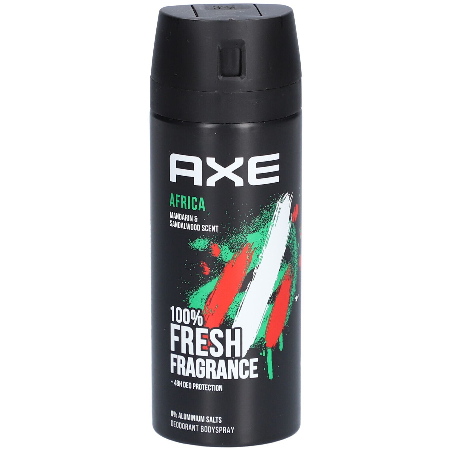 Aérosol noir AXE Afrika. Parfum Mandarine & Bois de santal. Inscription 100% Fresh Fragrance. Protection 48h.