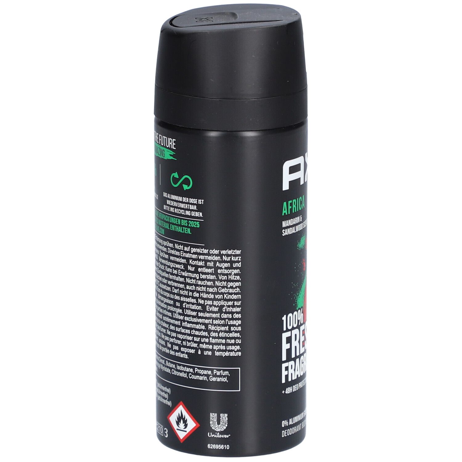 Aérosol noir AXE. Ingrédients, avertissements et fabricant. Symbole de flamme. Parfum Mandarine & Bois de santal.