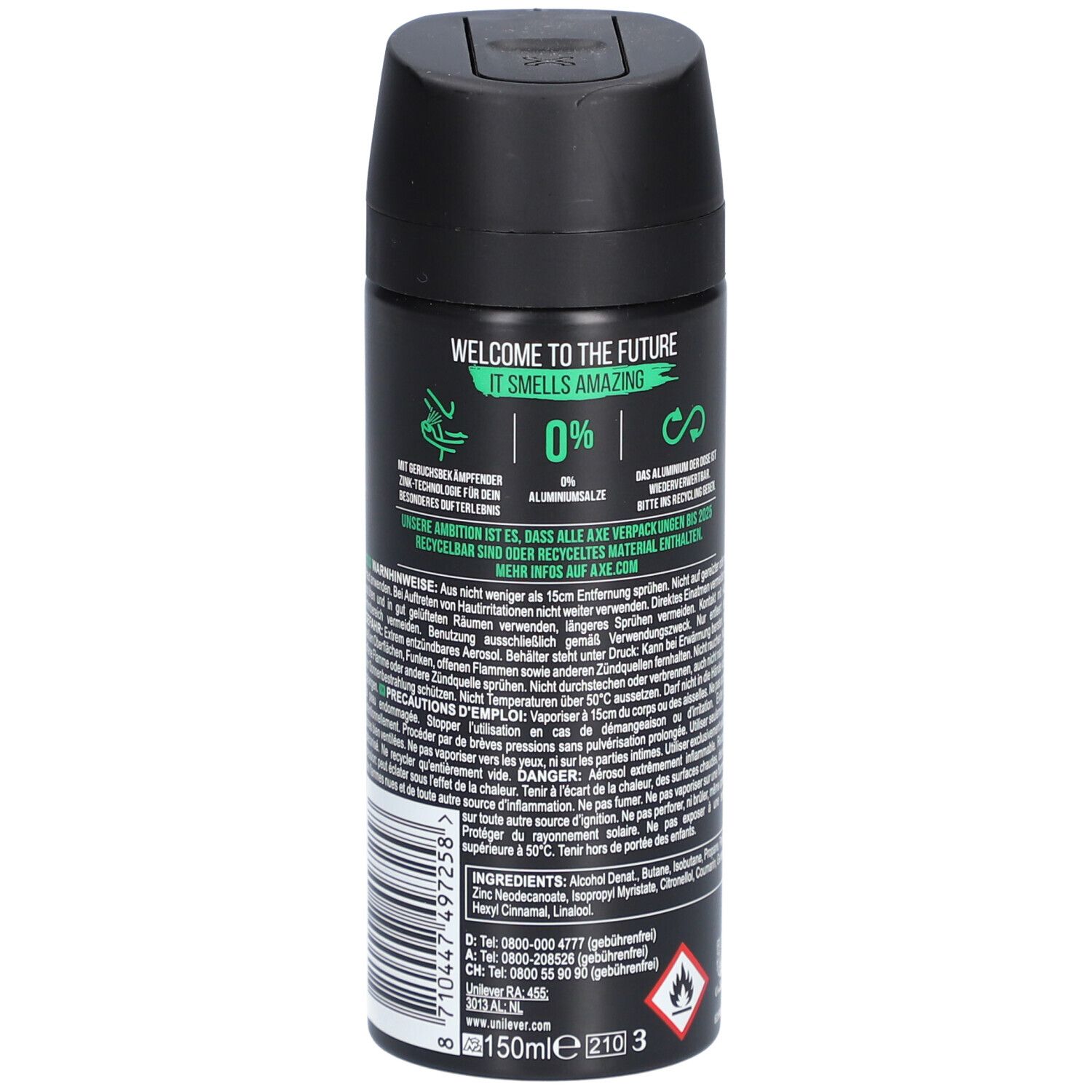 Aérosol noir AXE. Ingrédients, avertissements et fabricant. 150ml, 210g. Parfum Mandarine & Bois de santal.