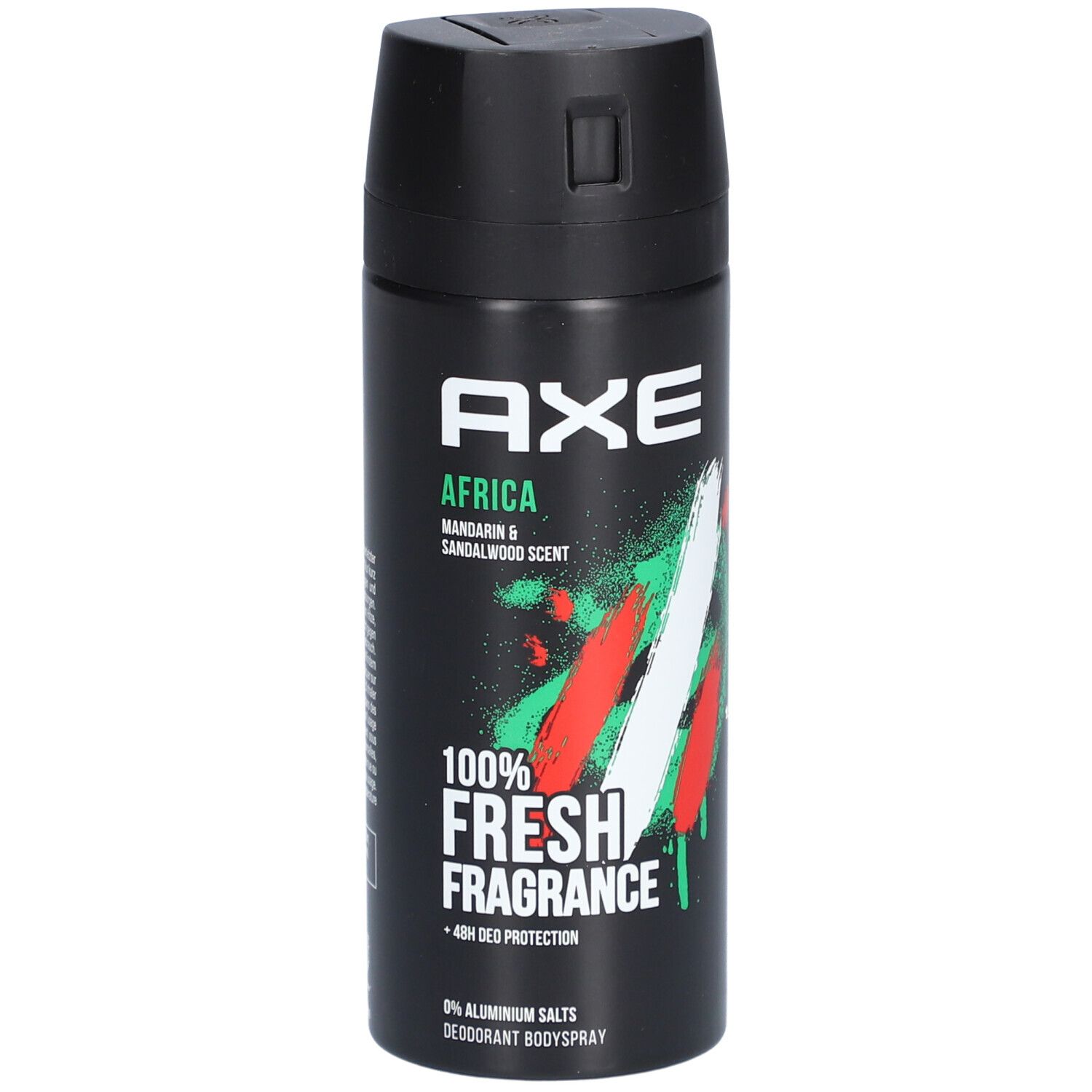 Aérosol noir AXE Afrika. Parfum Mandarine & Bois de santal. Inscription 100% Fresh Fragrance. Protection 48h.