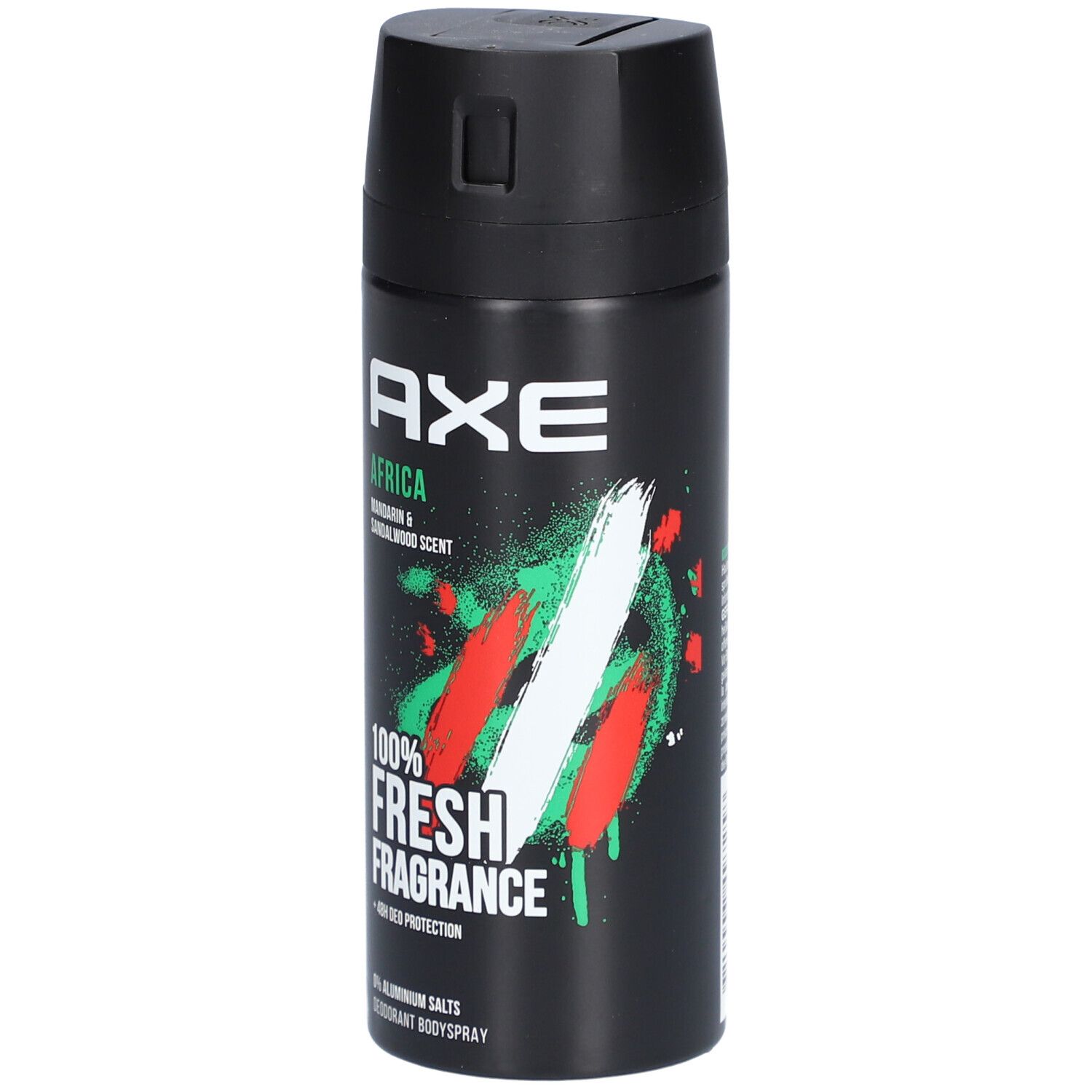 Aérosol noir AXE Afrika. Parfum Mandarine & Bois de santal. Inscription 100% Fresh Fragrance. Protection 48h.