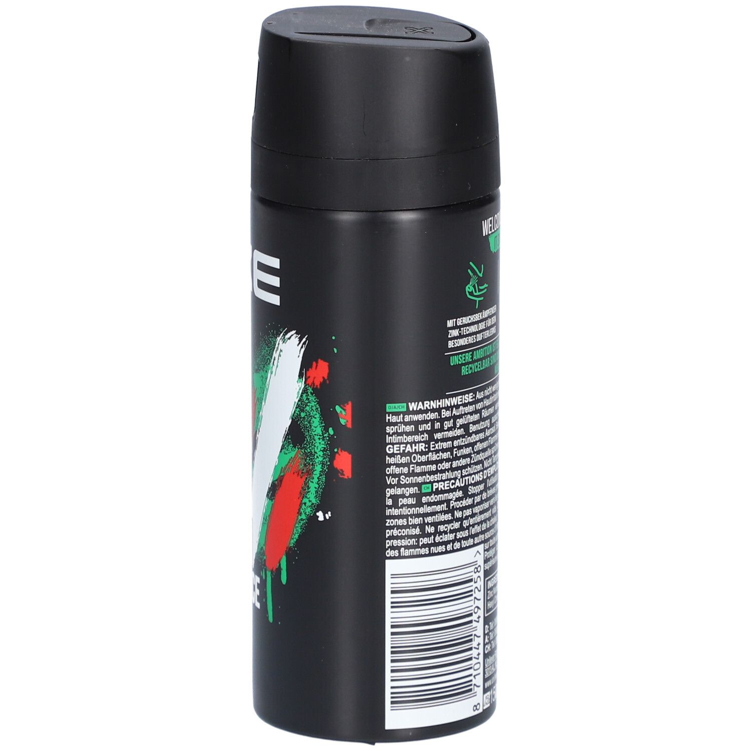 Aérosol noir AXE. Informations et avertissements. Symbole de flamme. Parfum Mandarine & Bois de santal.