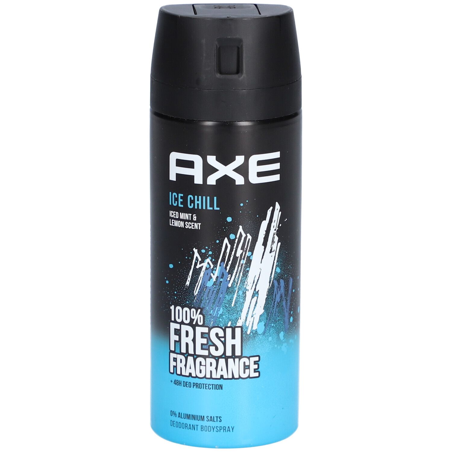 AXE Ice Chill déodorant en spray. Bouchon noir, contenant bleu et noir. Inscription: Ice Chill, 100% Fresh Fragrance.