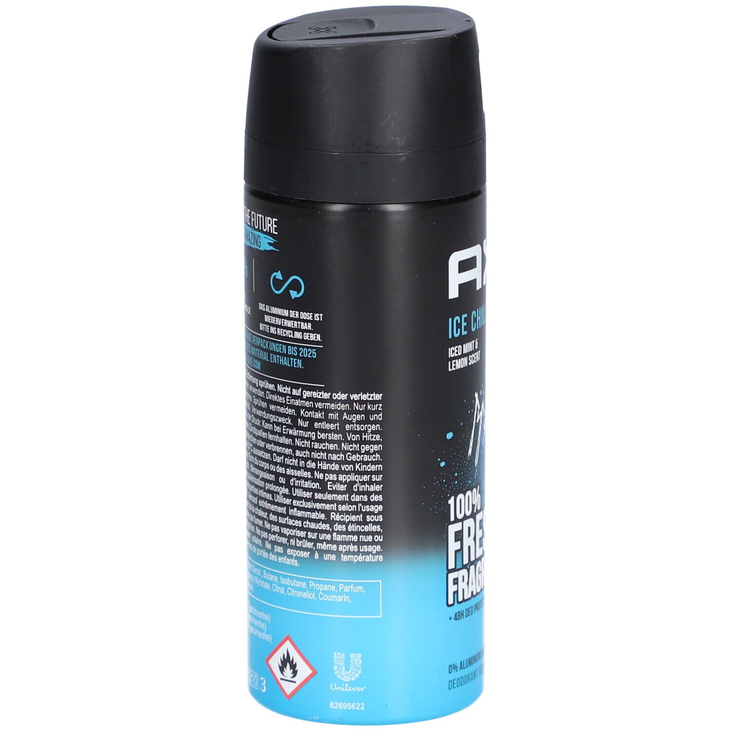 AXE Ice Chill déodorant en spray. Dos avec texte et pictogrammes. Bouchon noir, contenant bleu et noir. Logo Unilever.