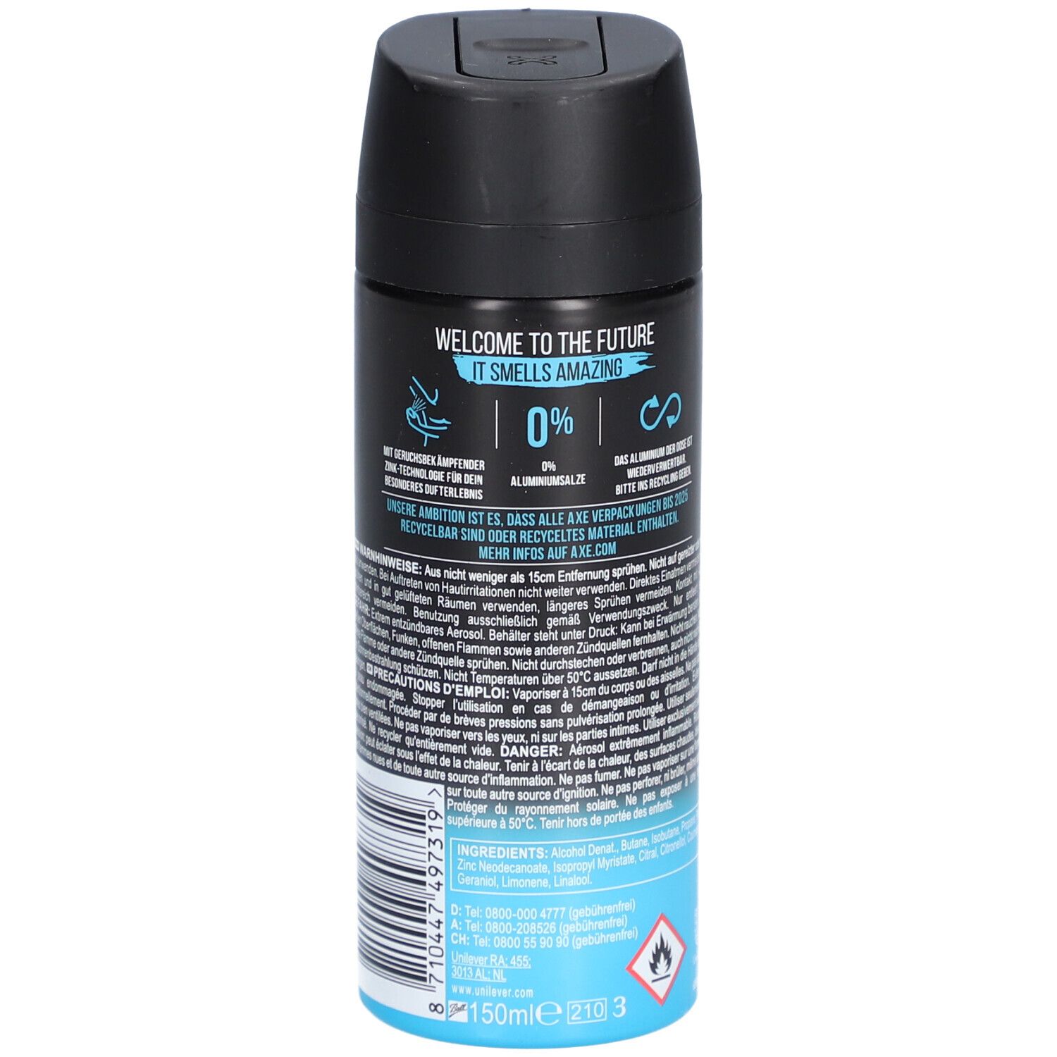 AXE Ice Chill déodorant en spray. Dos avec texte et pictogrammes. Bouchon noir, contenant bleu et noir. 150ml.